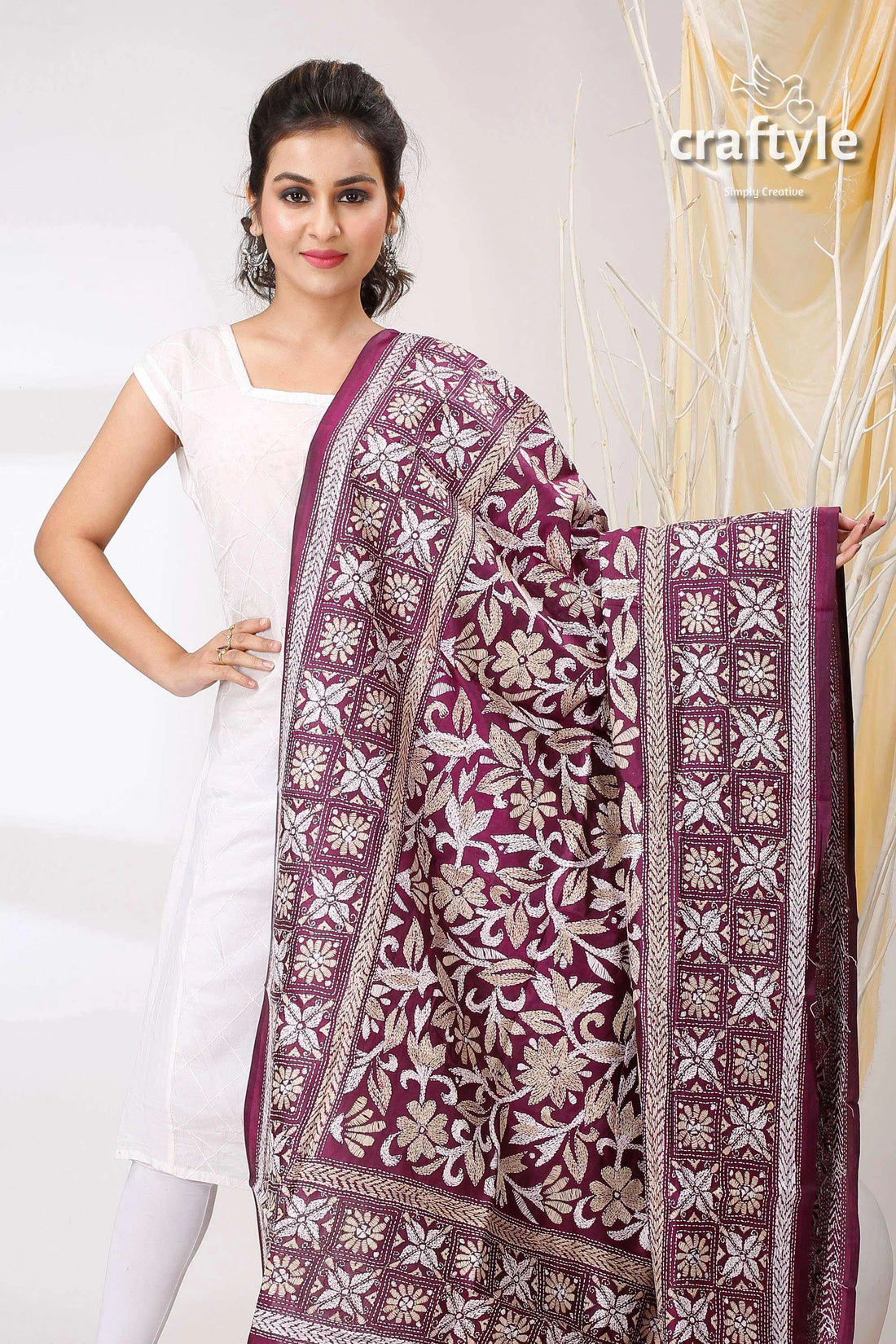 Imperial purple pure bangalore silk kantha stitch shawl maroon floral embroidery 2