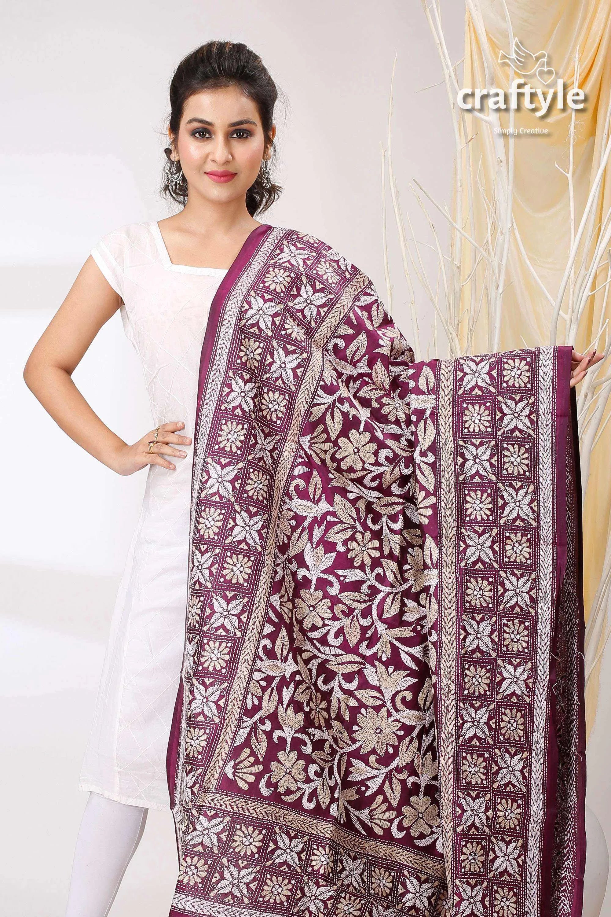 Imperial purple pure bangalore silk kantha stitch shawl maroon floral embroidery 2
