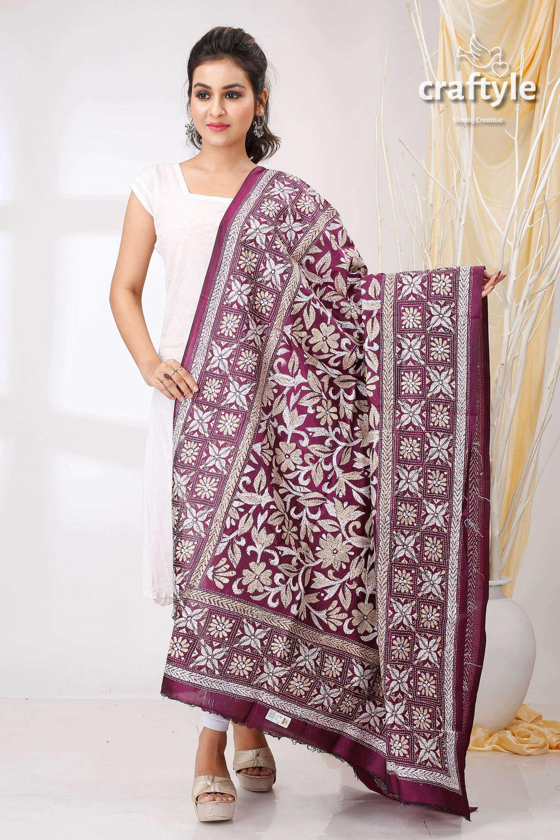 Imperial Purple Pure Bangalore Silk Kantha Stitch Shawl - Craftyle