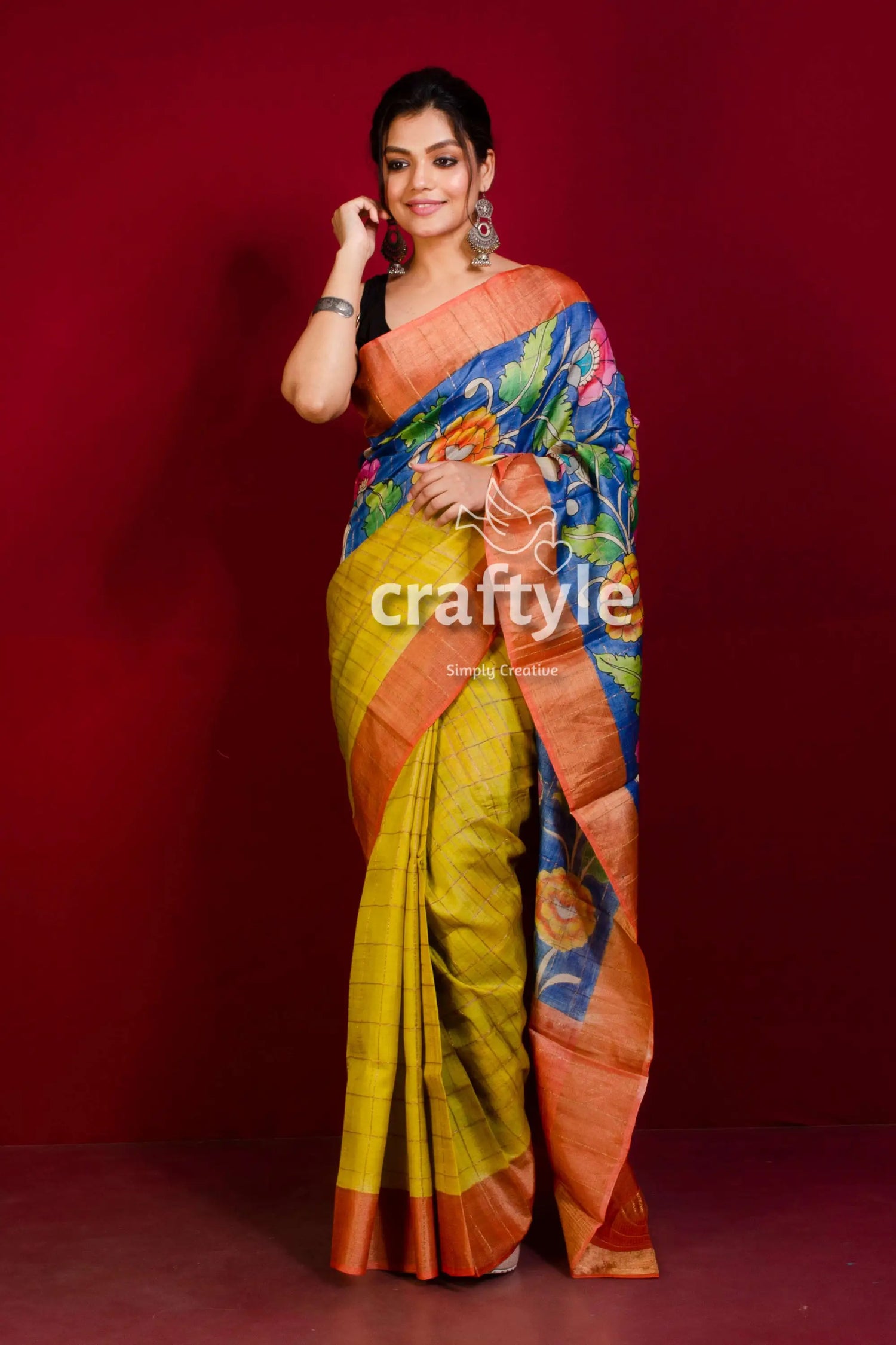 Indian yellow and blue hand painted zari border pure tussar kalamkari saree woman yellow blue floral saree 1