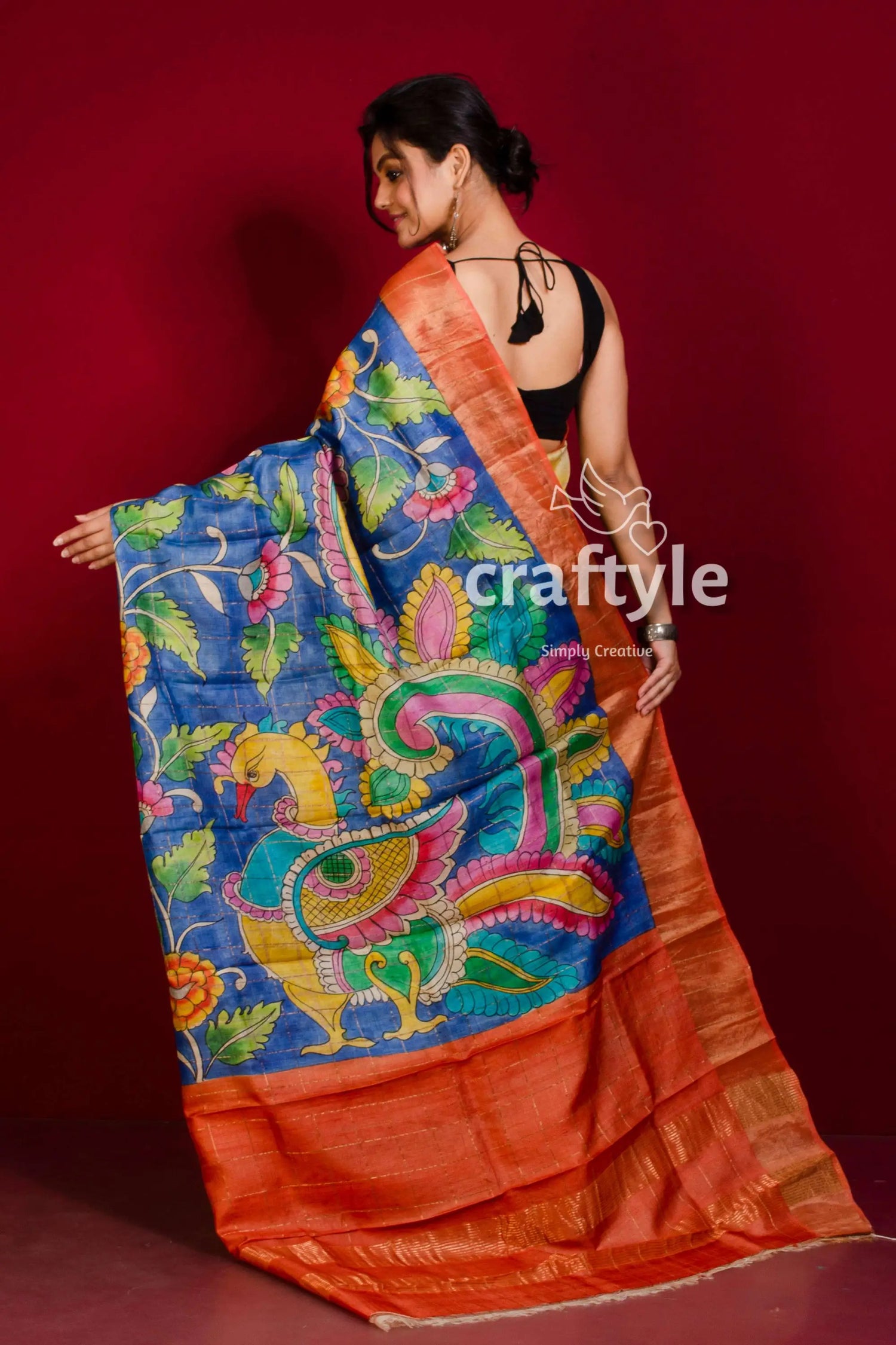 Indian yellow and blue hand painted zari border pure tussar kalamkari saree hand-painted blue orange saree 4