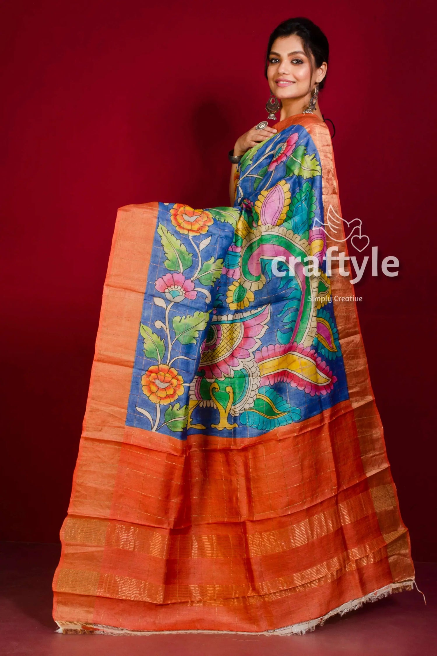Indian yellow and blue hand painted zari border pure tussar kalamkari saree orange blue floral-patterned saree 3