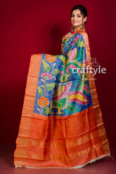 Indian yellow and blue hand painted zari border pure tussar kalamkari saree orange blue floral-patterned saree 3