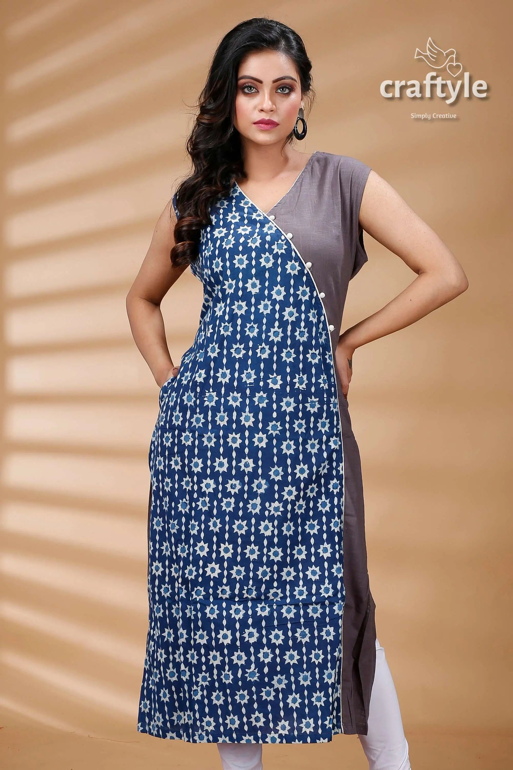 Indigo blue grey pure cotton dabu straight kurti for women woman blue gray sleeveless kurta 2