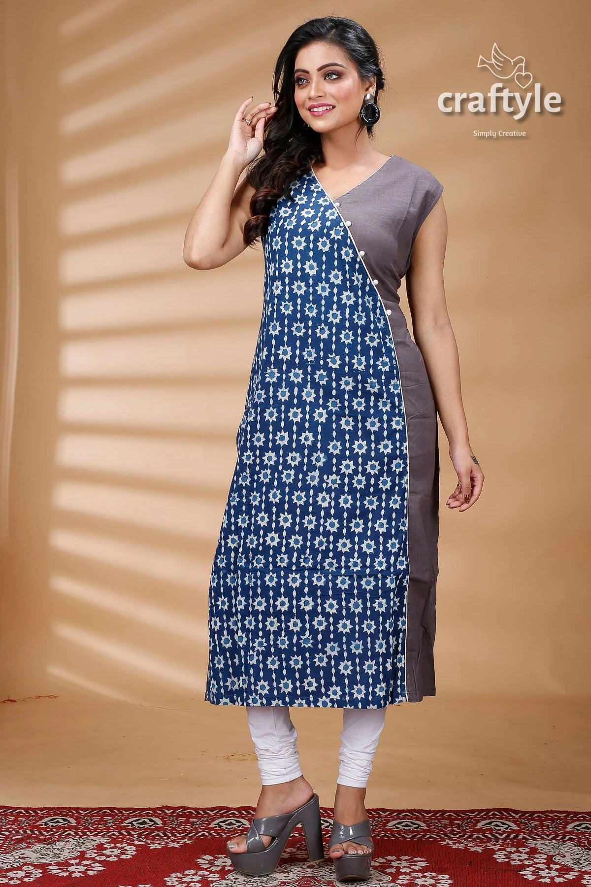 Indigo blue grey pure cotton dabu straight kurti for women woman’s gray patterned kurta 3