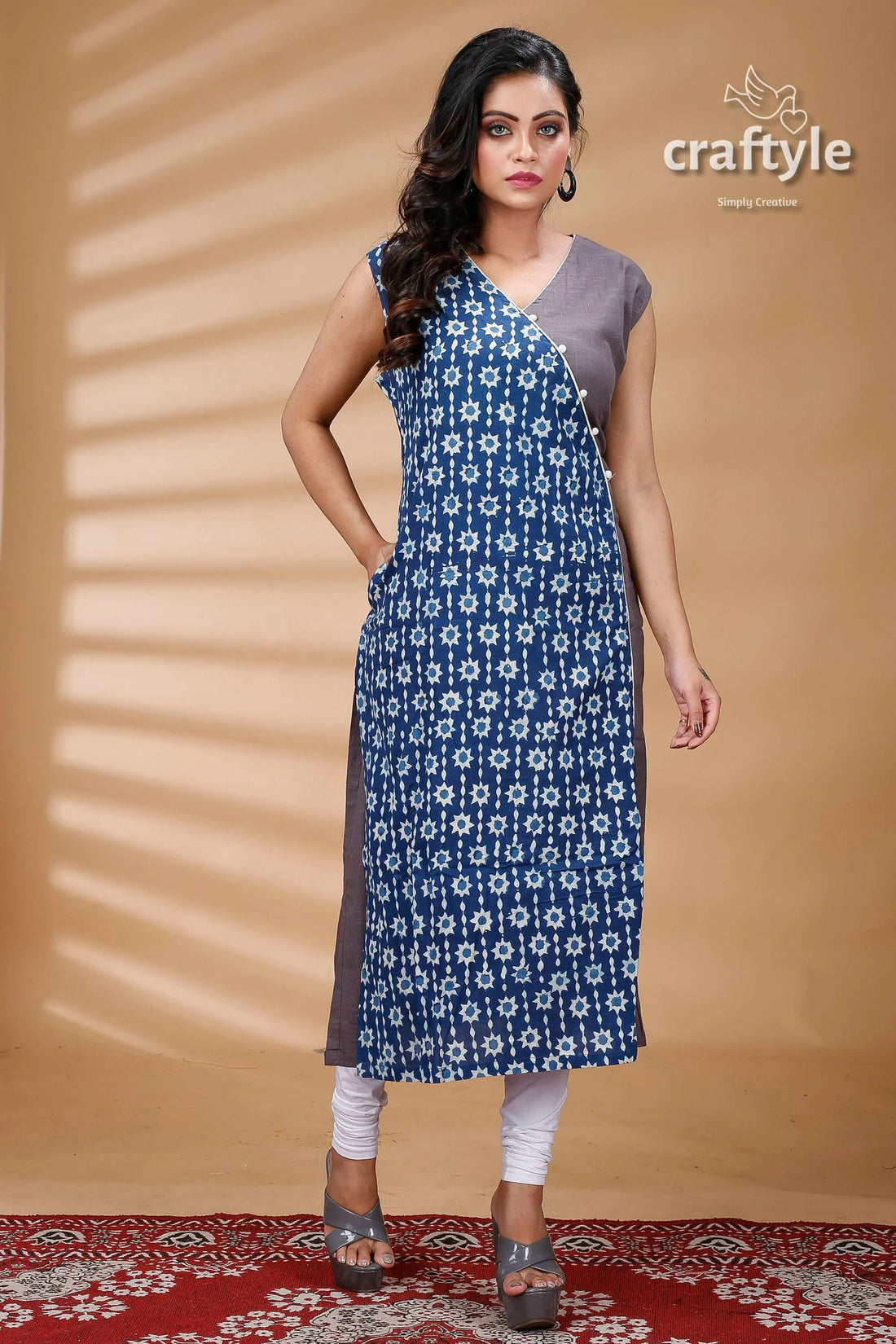 Indigo blue grey pure cotton dabu straight kurti for women woman’s gray sleeveless kurta 1