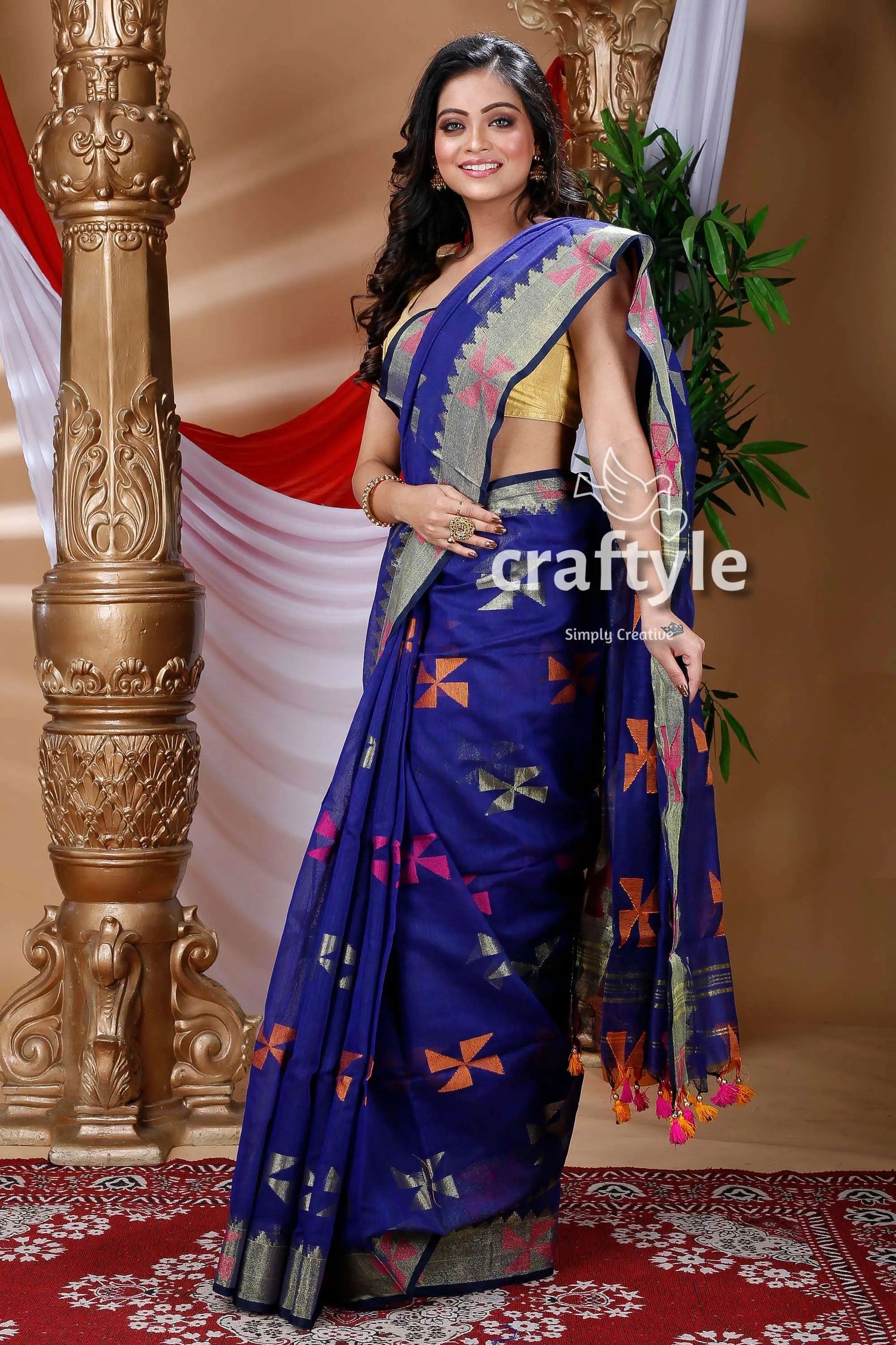Indigo blue handloom cotton saree blue saree geometric patterns 3