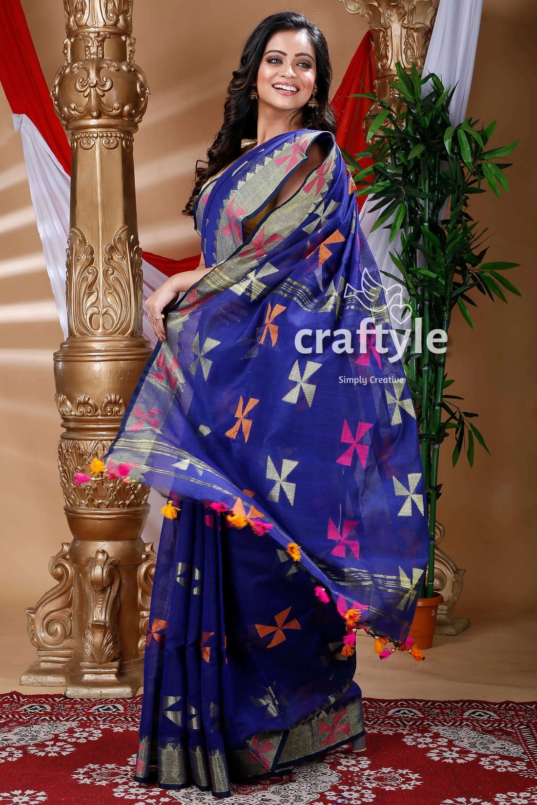 Indigo blue handloom cotton saree patterned colorful tassels 2