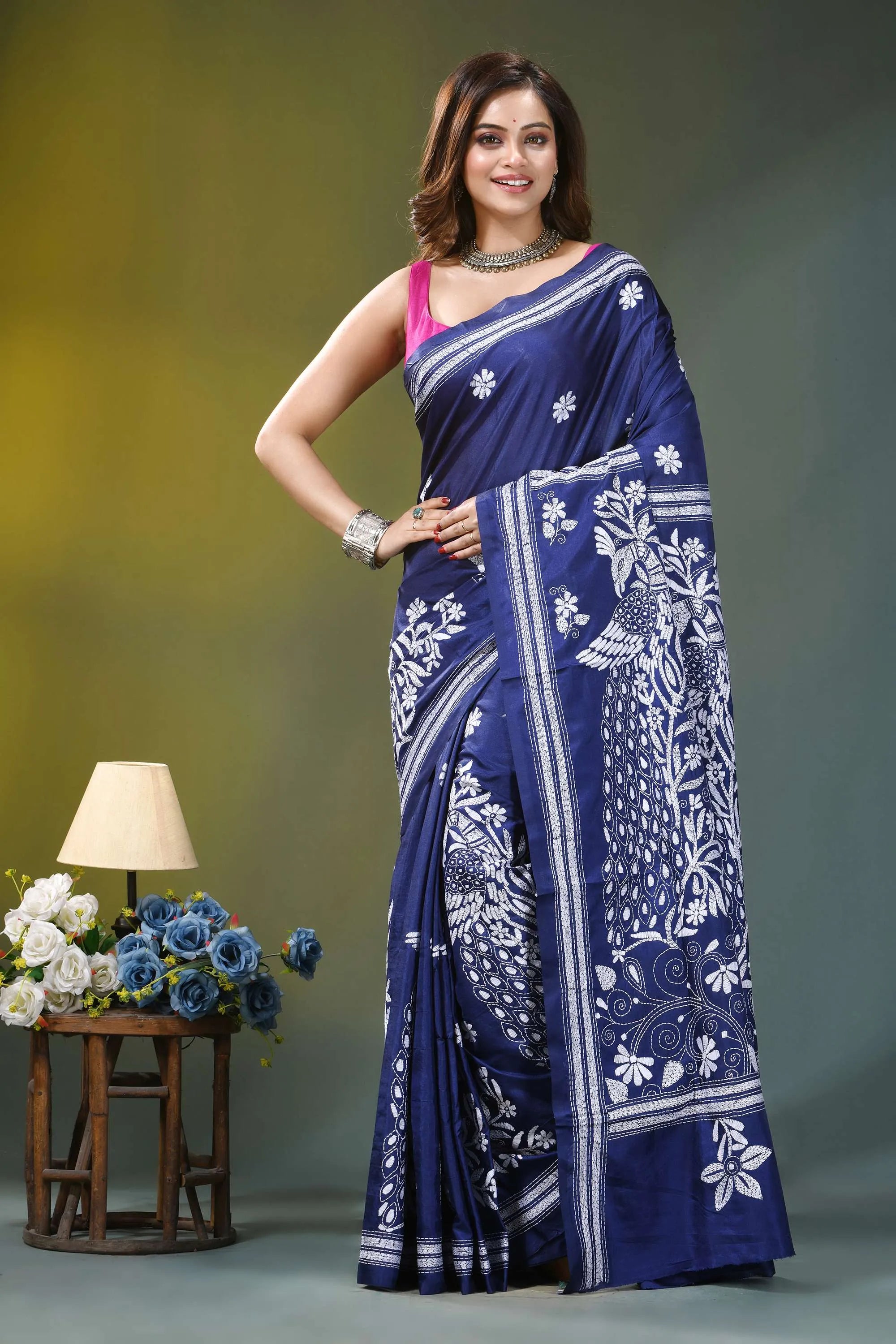 Indigo blue peacock motif handmade silk kantha saree navy blue saree intricate white 6