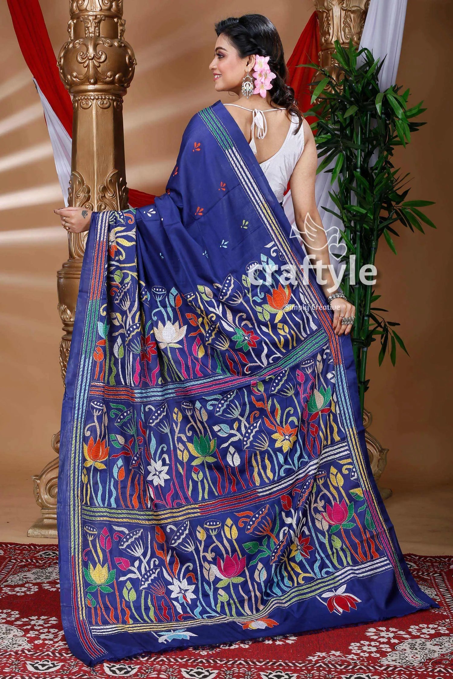 Indigo blue traditional silk kantha saree blue floral embroidered saree 4