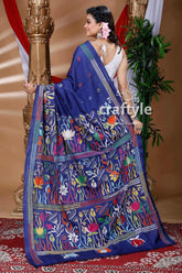 Indigo blue traditional silk kantha saree blue floral embroidered saree 4