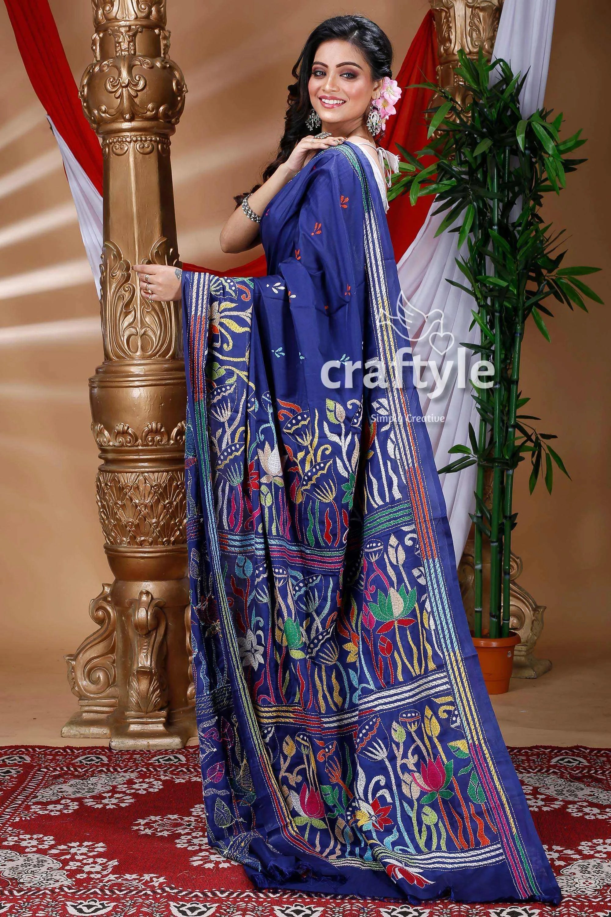 Indigo blue traditional silk kantha saree blue floral-patterned saree 3