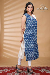 Indigo blue white cotton dabu print kurti for women woman blue white patterned kurta 3