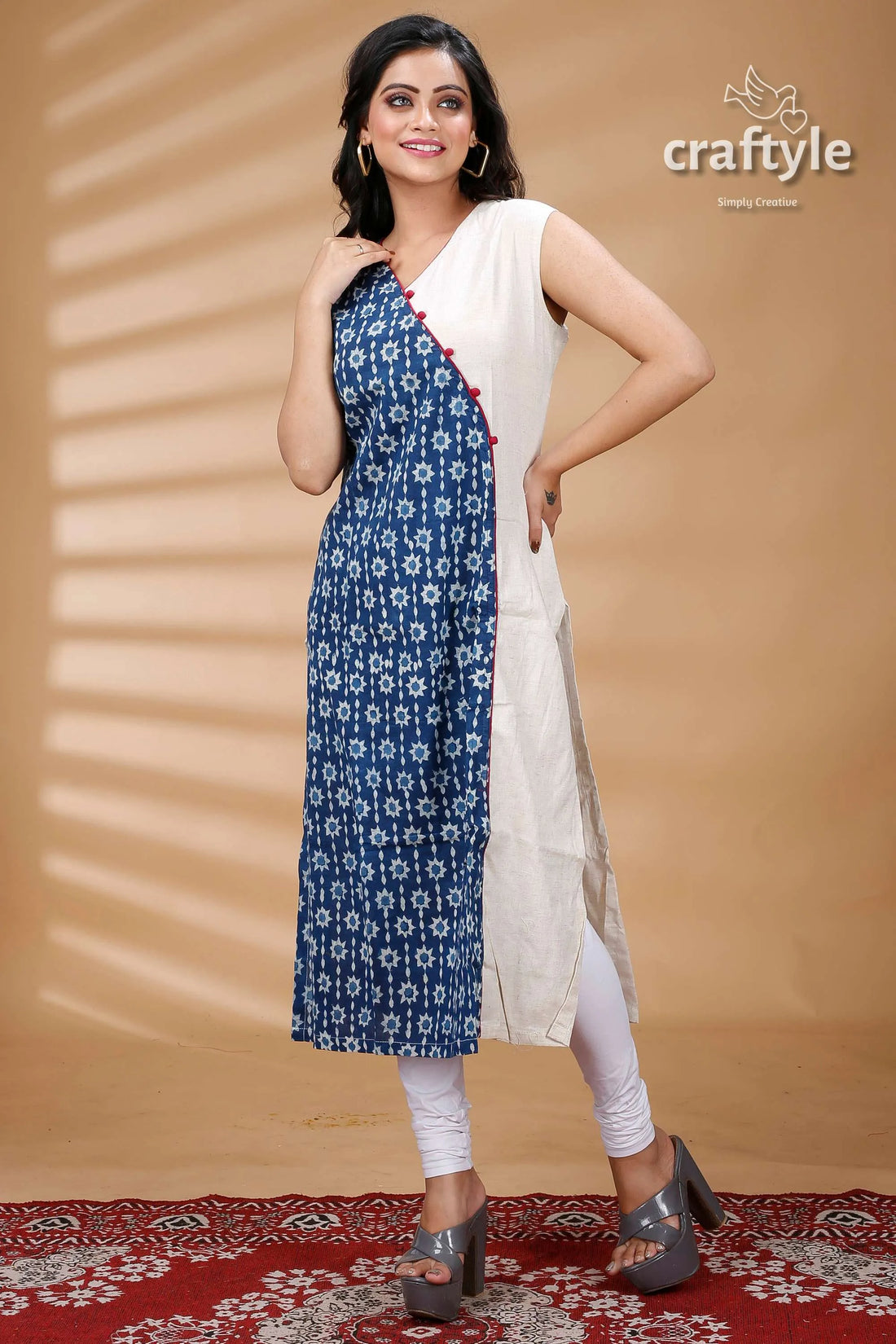 Indigo blue white cotton dabu print kurti for women woman’s sleeveless kurta 2
