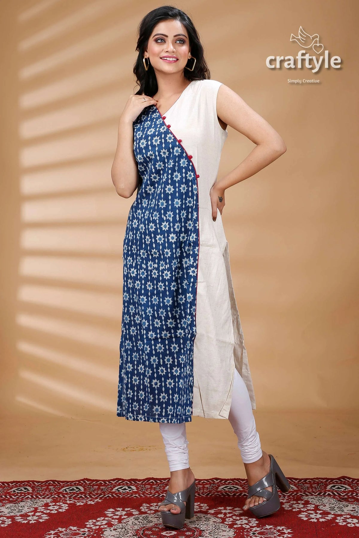 Indigo blue white cotton dabu print kurti for women woman’s sleeveless kurta 2