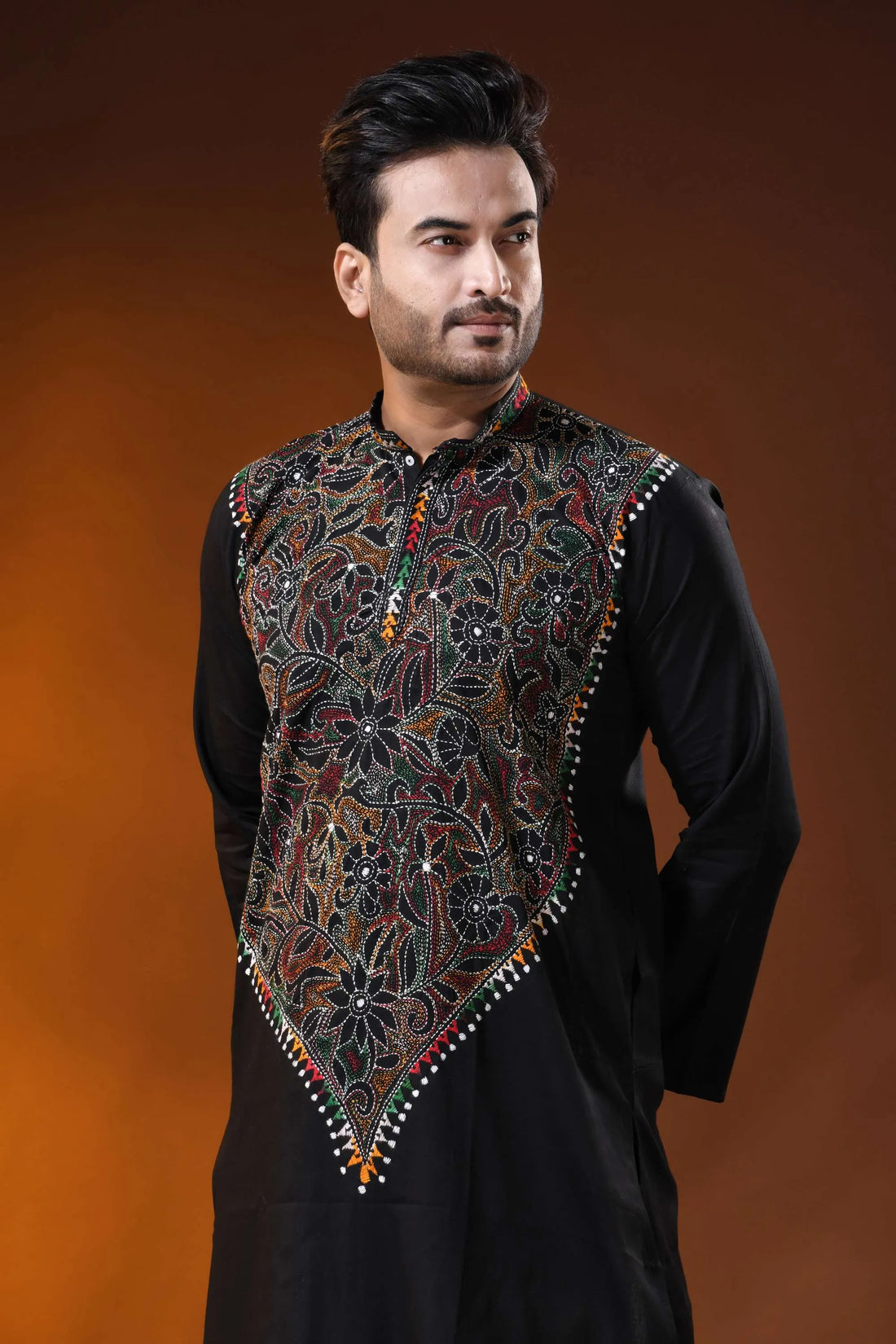 Ink black cotton kantha panjabi with multicolor floral work - reverse stitch 2