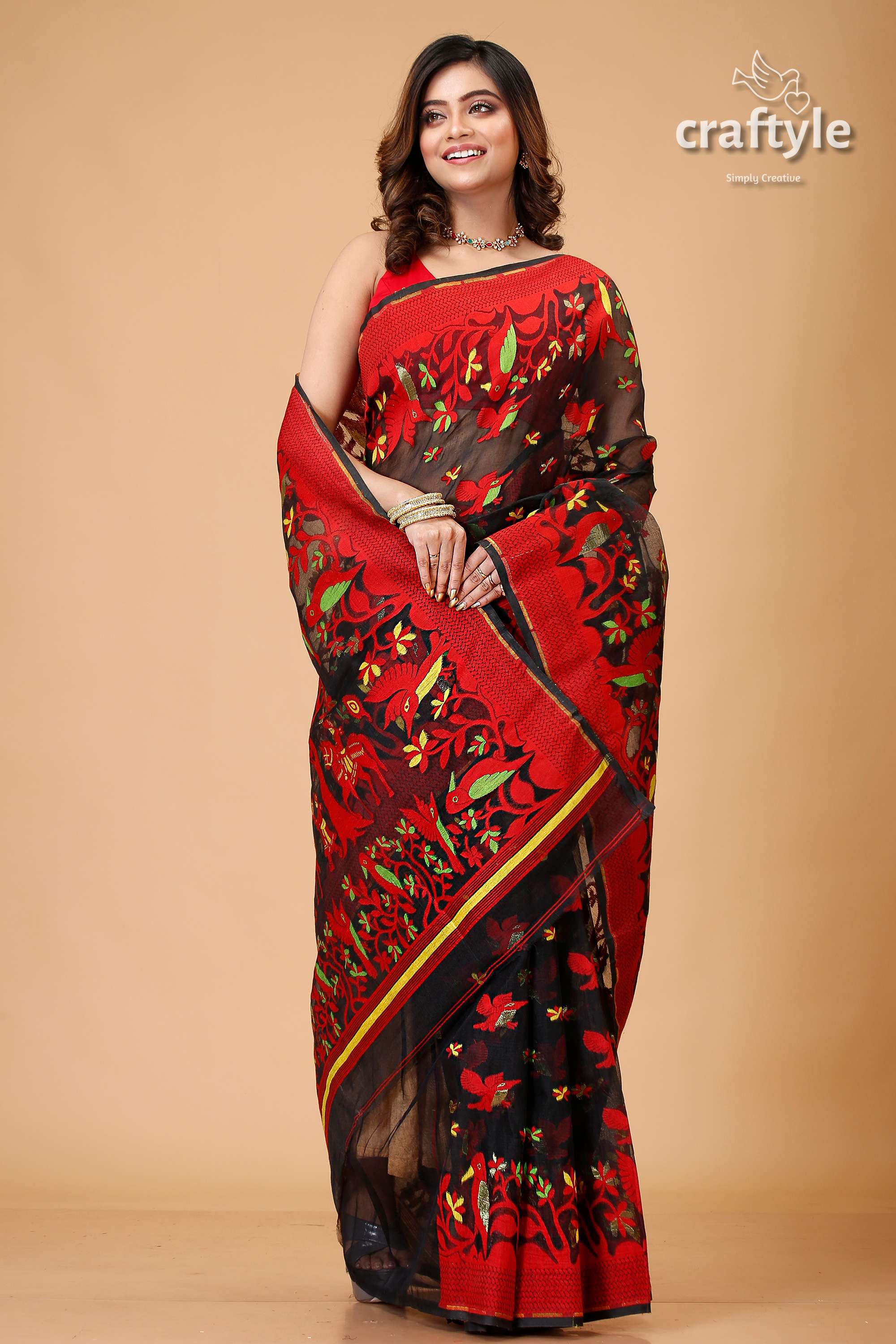 Ink Black Dhakai Jamdani Saree-Craftyle
