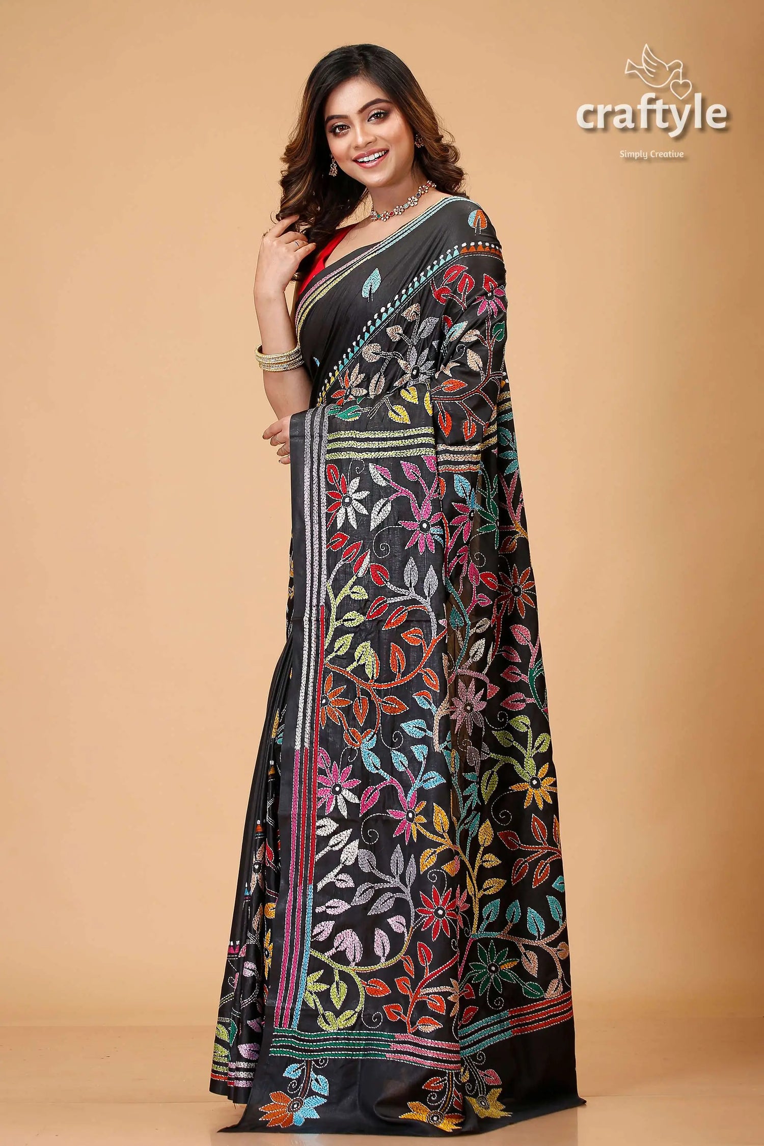Ink black flower pattern multithread kantha silk sari black saree colorful floral embroidery 3