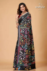 Ink black flower pattern multithread kantha silk sari black saree colorful floral embroidery 3