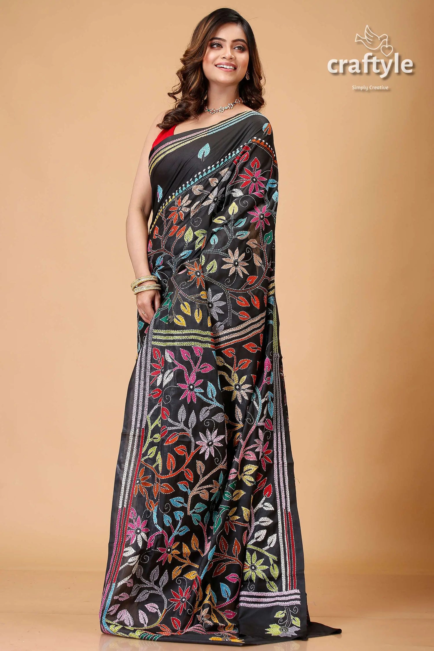 Ink black flower pattern multithread kantha silk sari black saree colorful floral embroidery 4