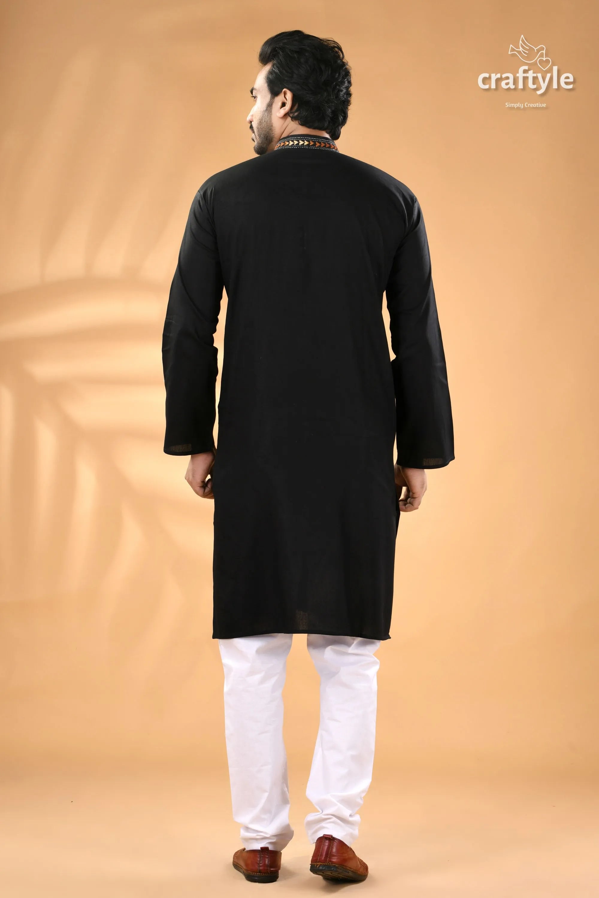 Ink black kantha stitch cotton panjabi for men - reverse full-length kurta patterned collar 6