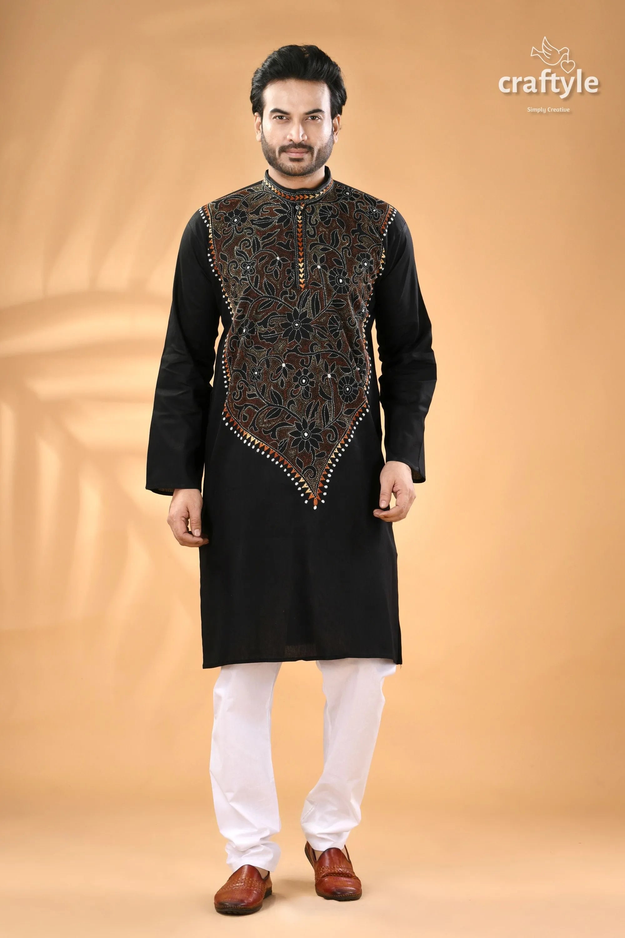 Ink black kantha stitch cotton panjabi for men - reverse men’s embroidered kurta white 1