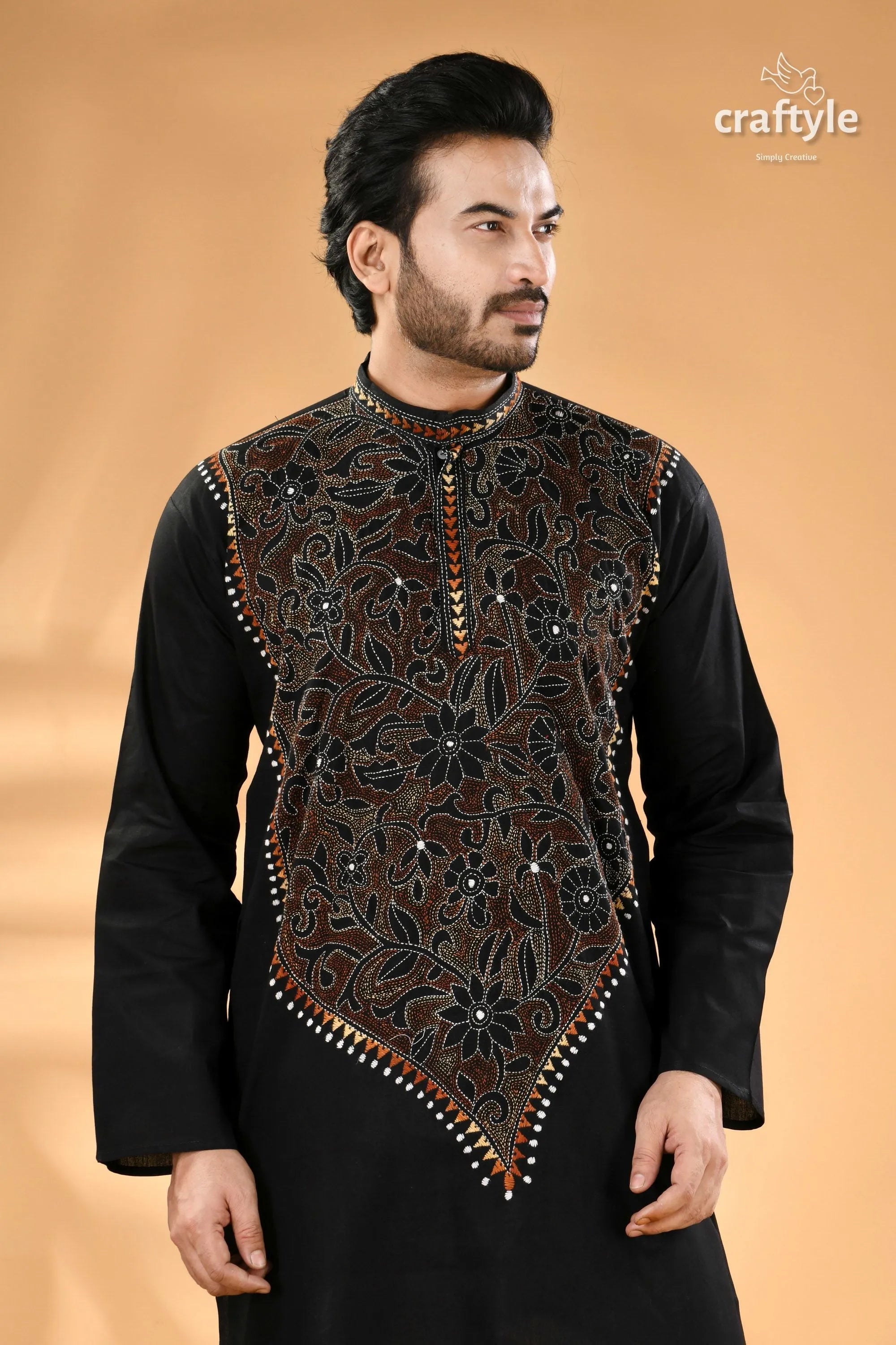 Ink black kantha stitch cotton panjabi for men - reverse men’s embroidered long-sleeved kurta 2
