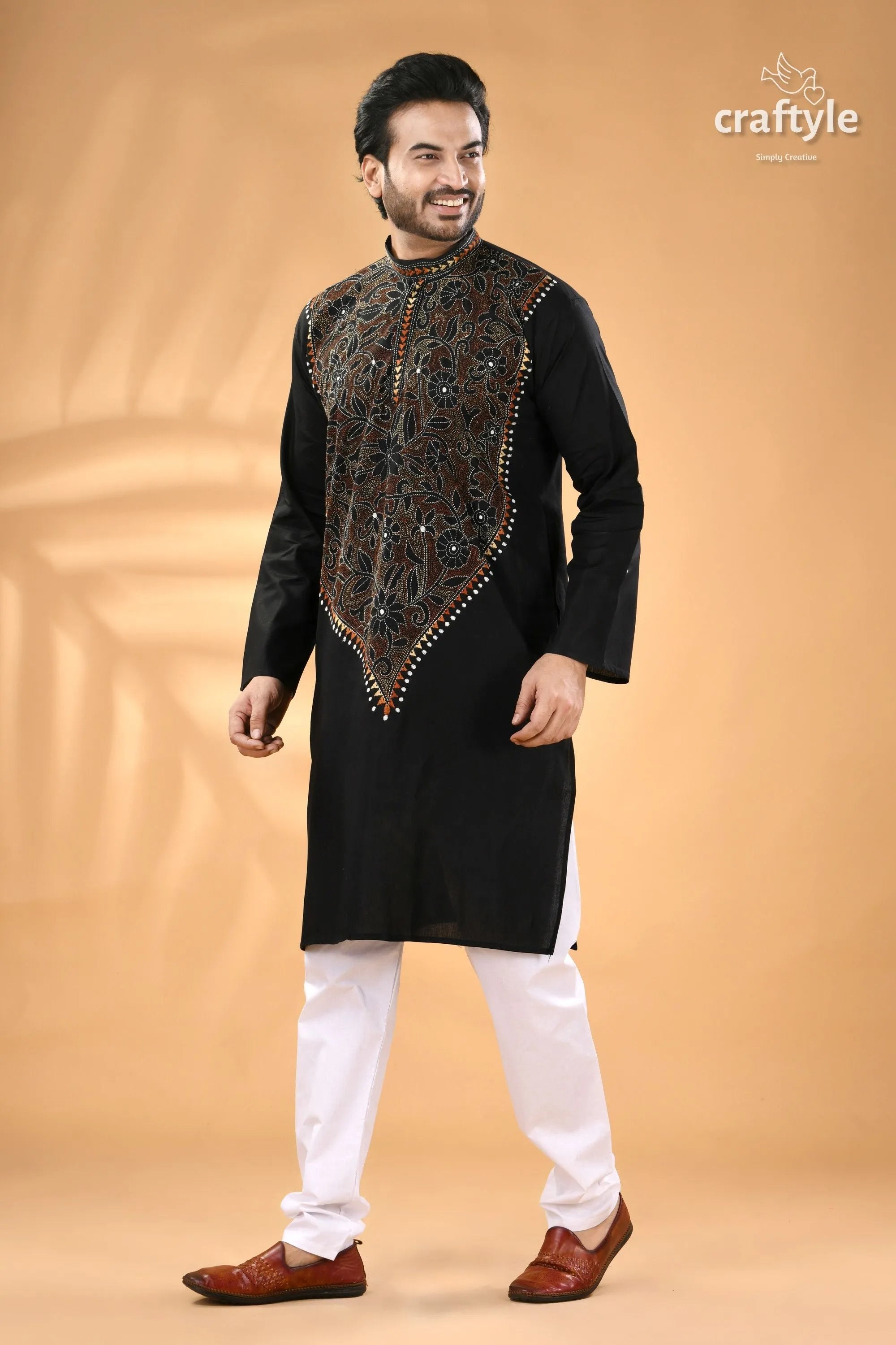 Ink black kantha stitch cotton panjabi for men - reverse men’s embroidered kurta white 4