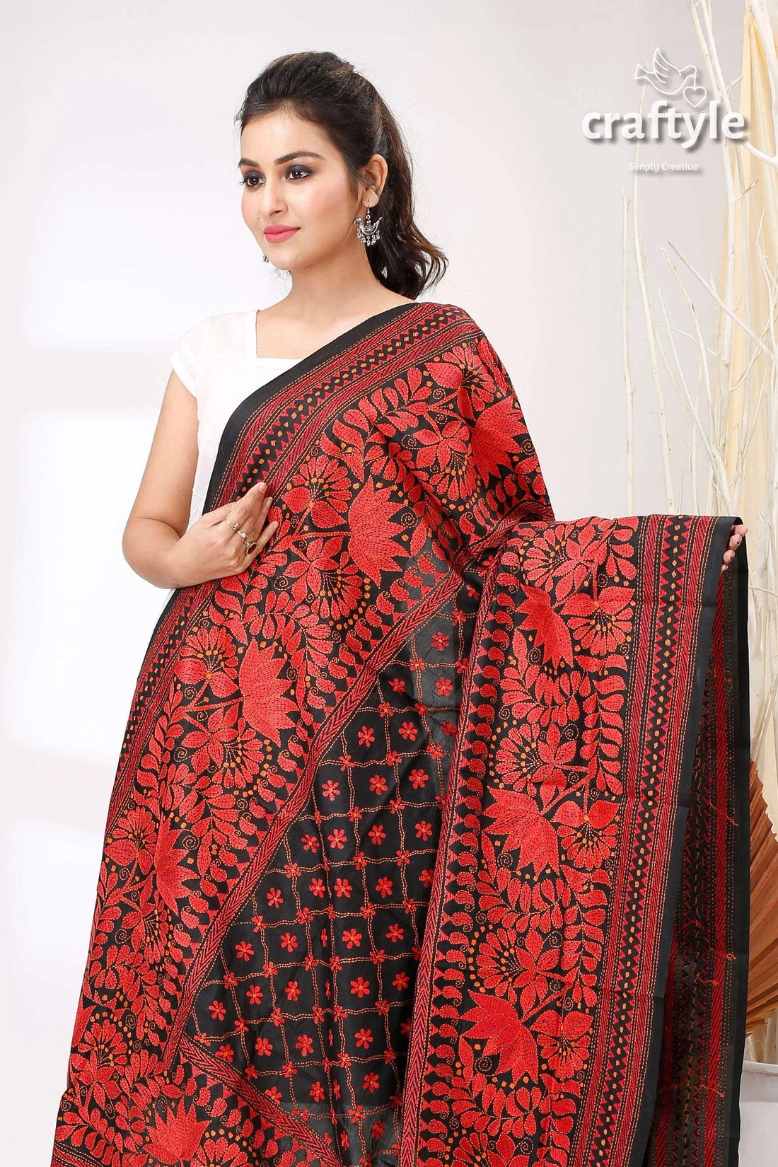 Ink Black Maroon Lotus Motif Pure Silk Hand Kantha Work Shawl - Craftyle