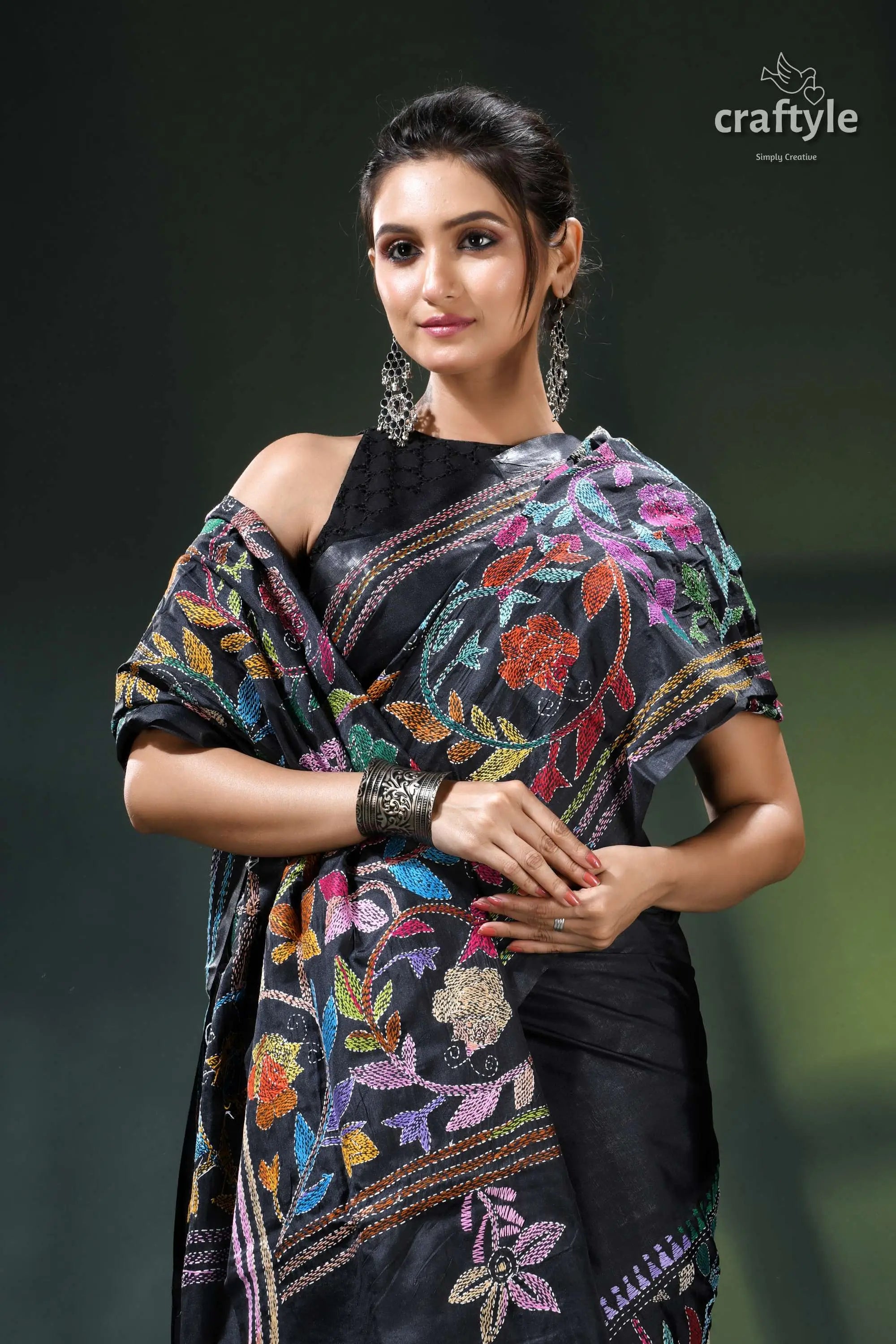 Ink black multithread floral design elegant kantha silk saree black floral saree silver accents 2