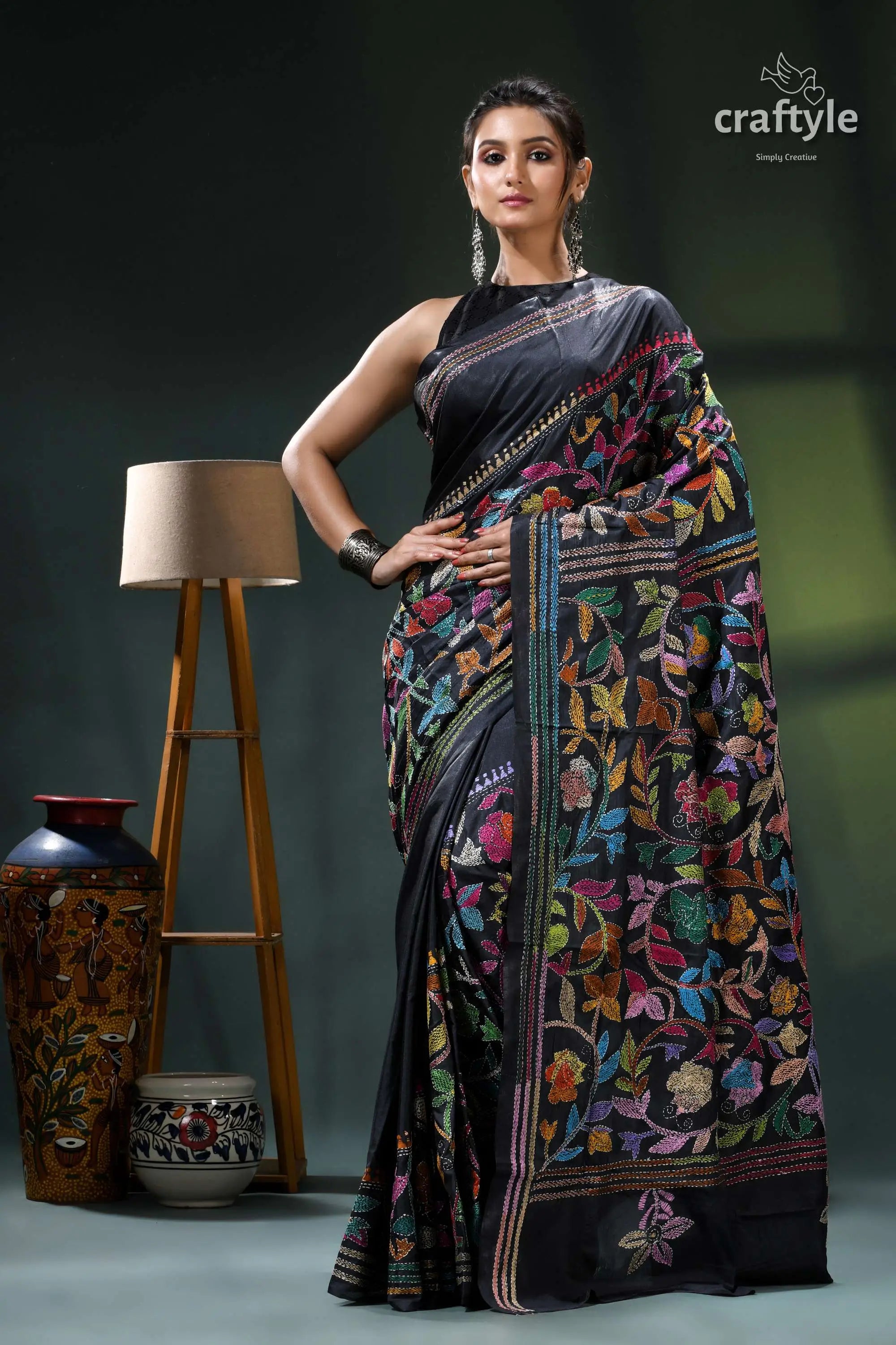 Ink black multithread floral design elegant kantha silk saree black floral saree multicolored flowers 1