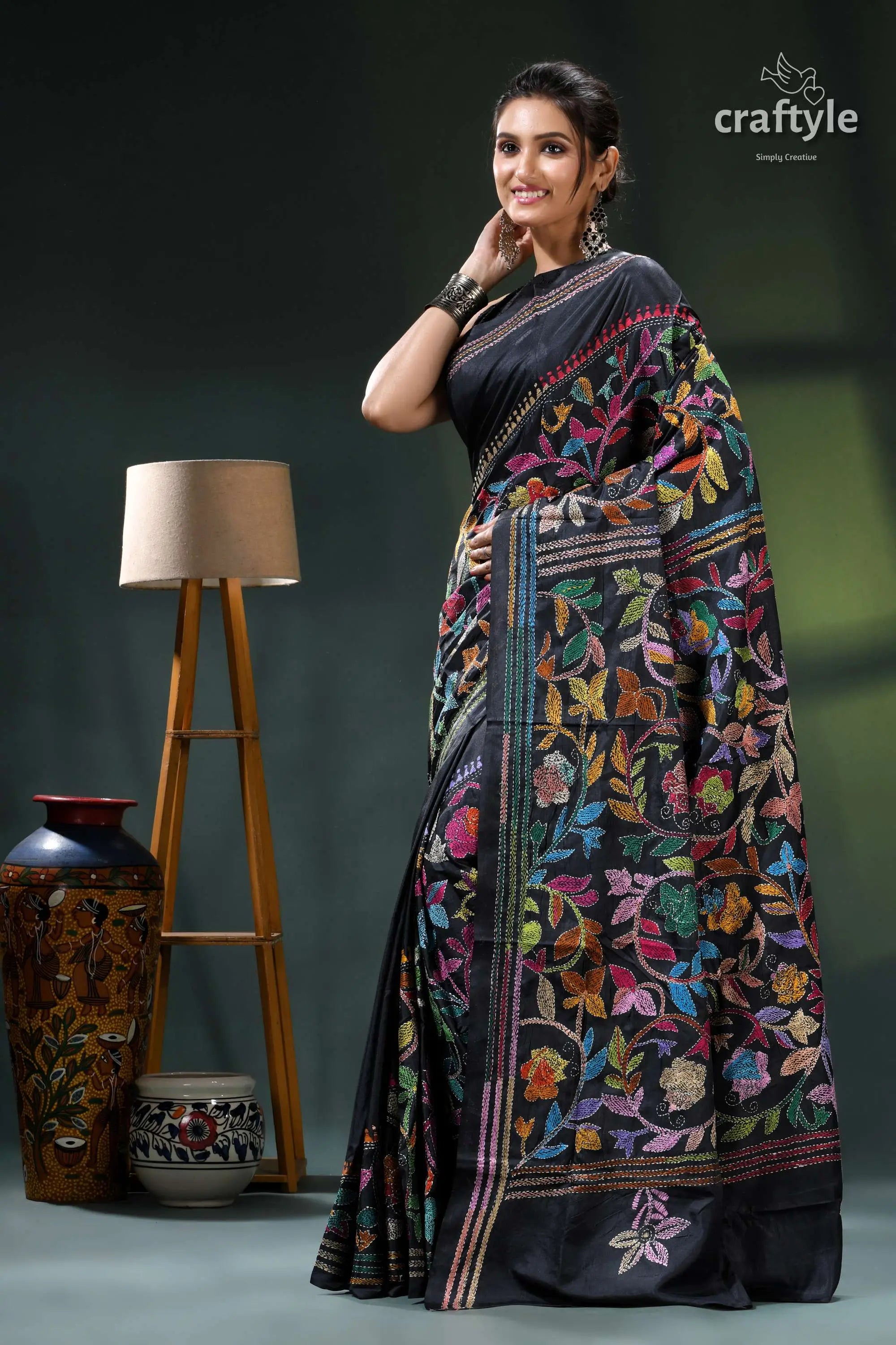 Ink black multithread floral design elegant kantha silk saree black floral saree multicolored flowers 3