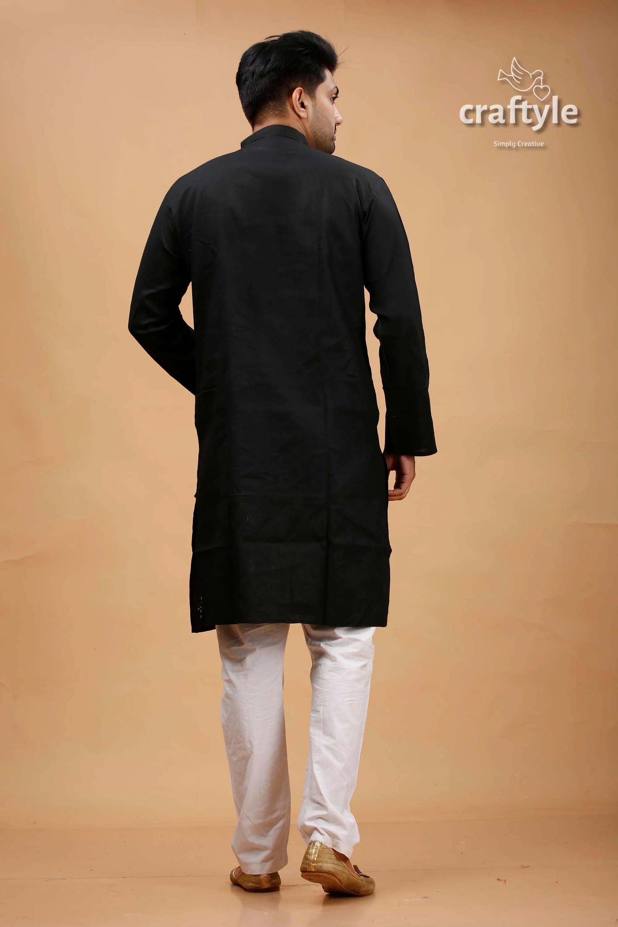 Ink black shree ganesh design kantha stitch cotton panjabi for men kurta mandarin collar 5