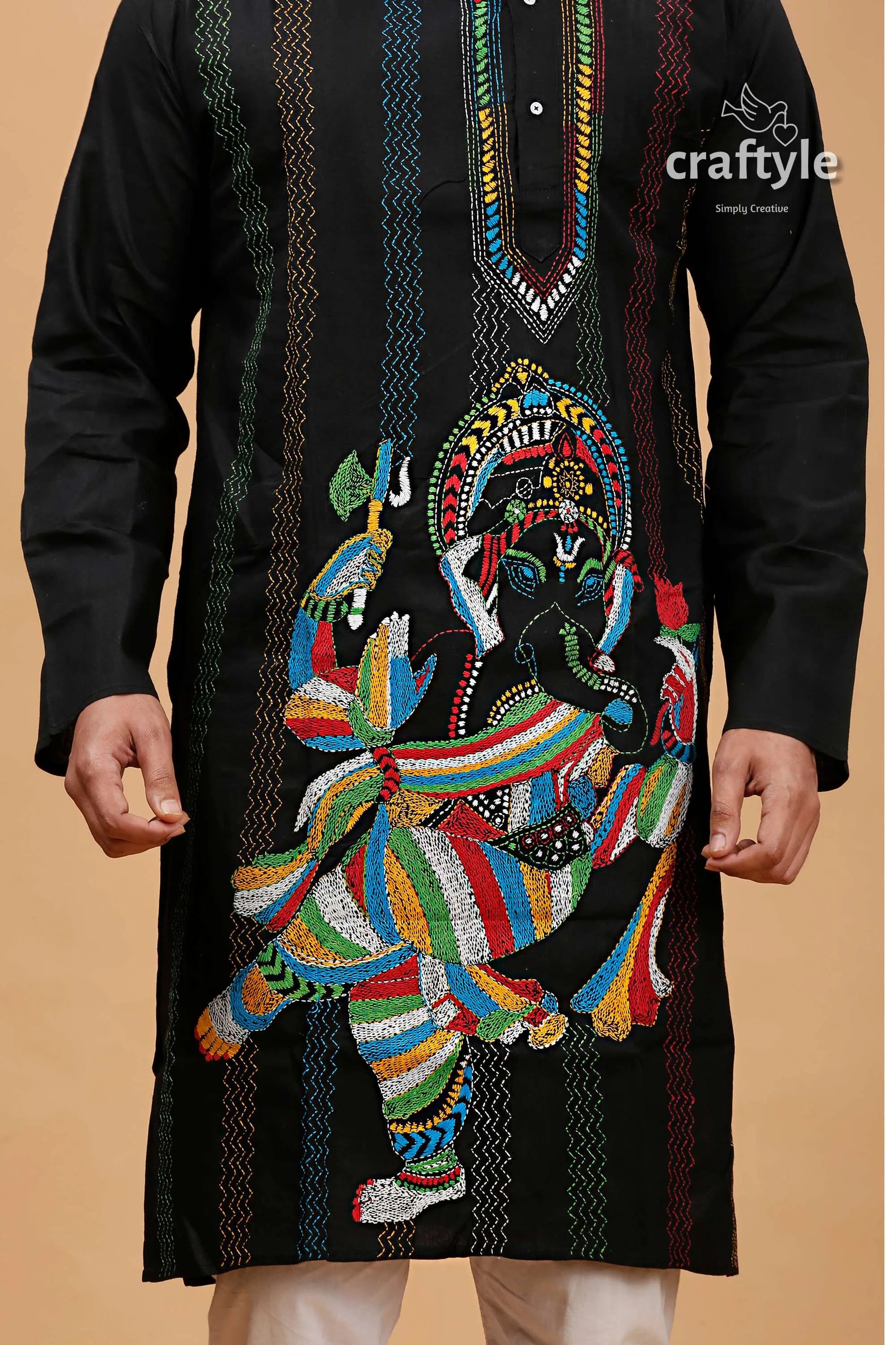 Ink black shree ganesh design kantha stitch cotton panjabi for men embroidered kurta vibrant colorful 2