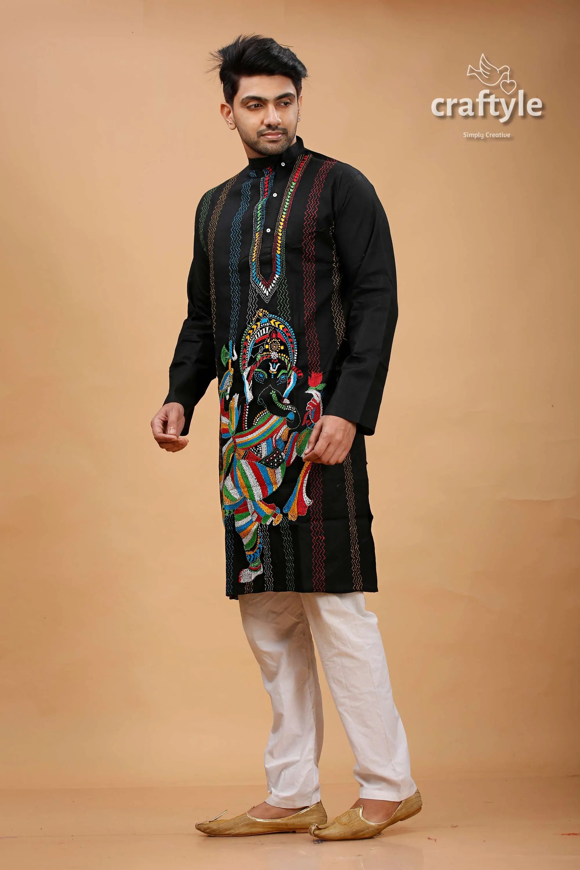 Ink black shree ganesh design kantha stitch cotton panjabi for men embroidered kurta vibrant colorful 3