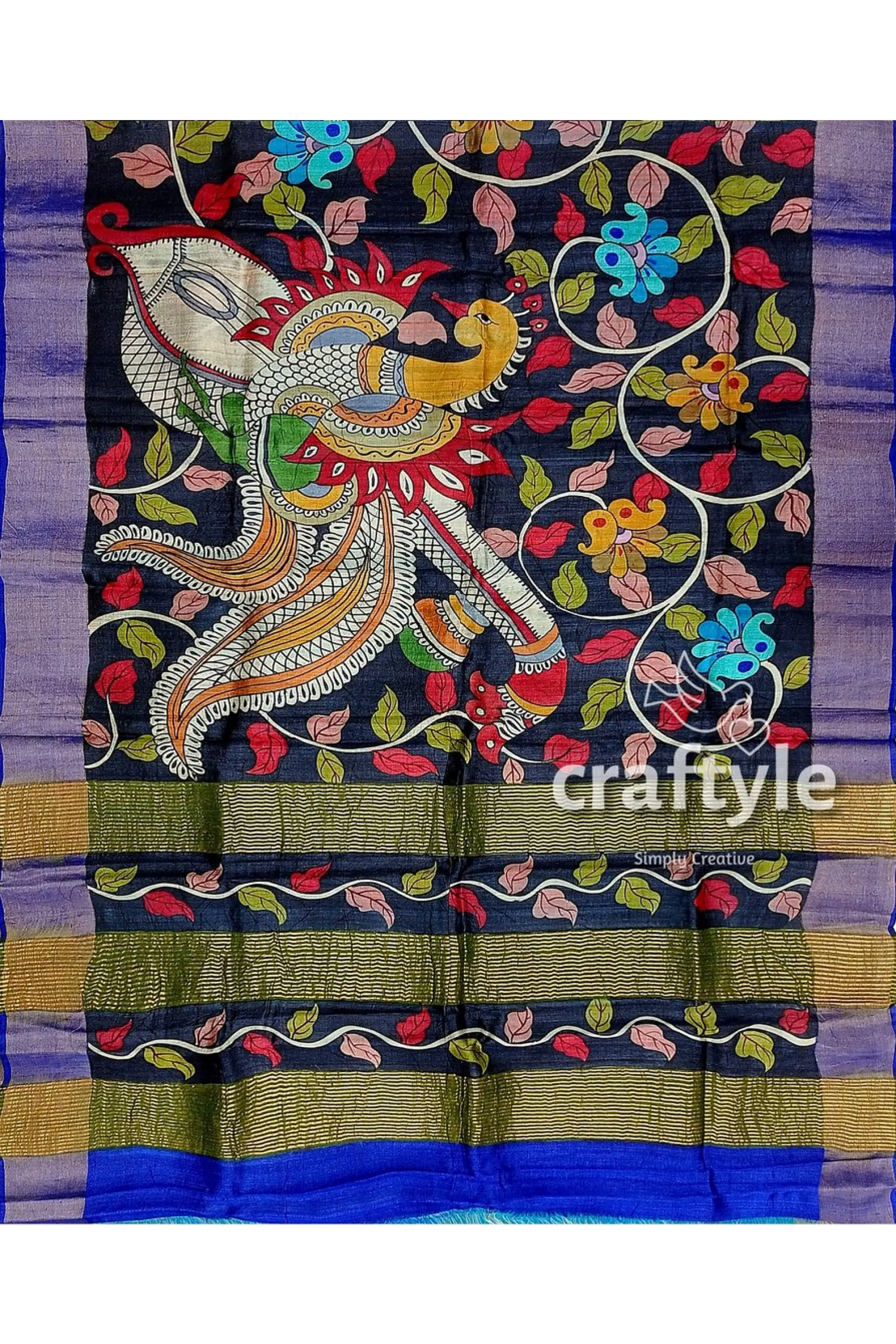 Ink black tussar kalamkari saree - hand painted zari border pure fabric hand-painted silk saree 6