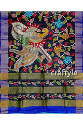 Ink black tussar kalamkari saree - hand painted zari border pure fabric hand-painted silk saree 6