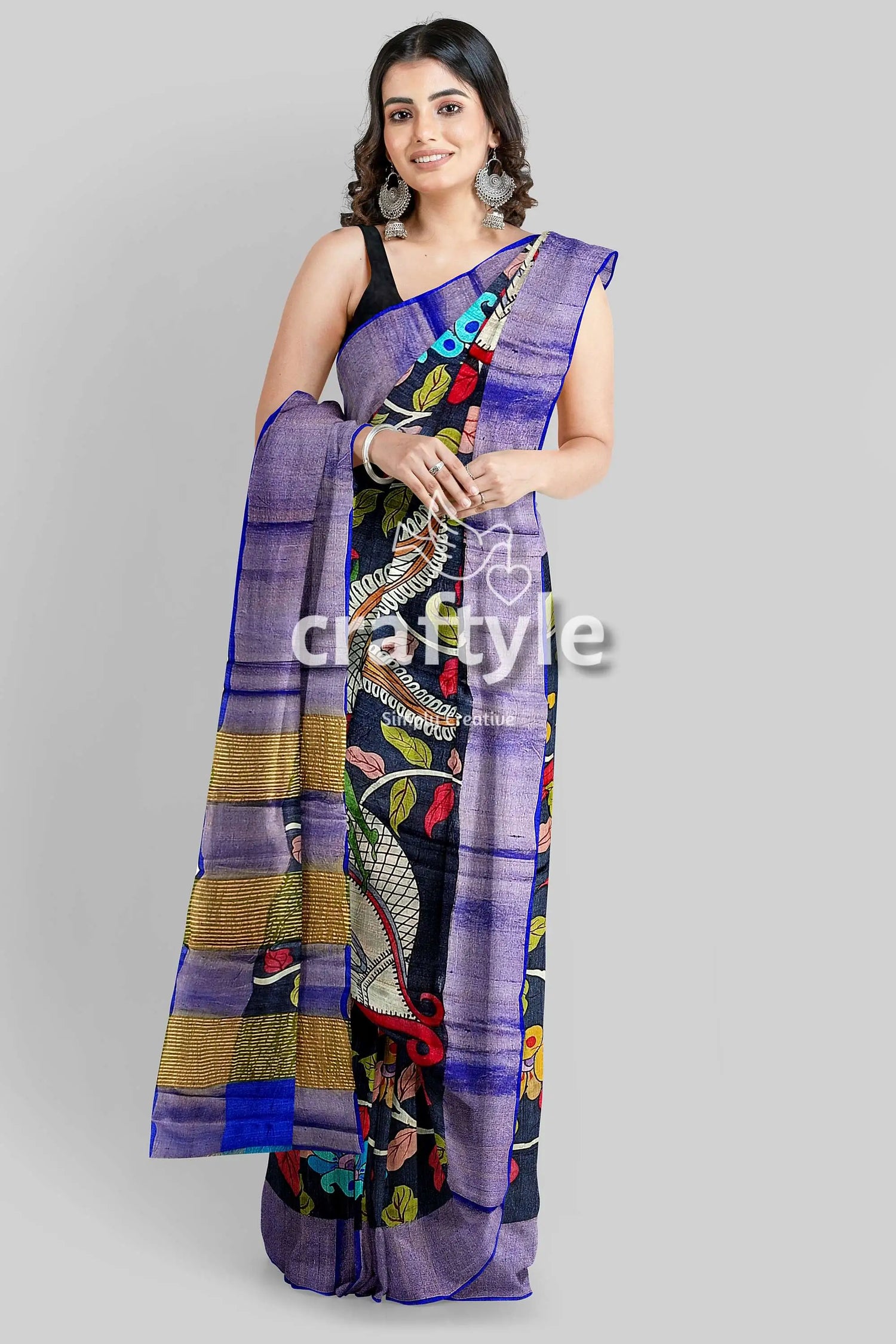 Ink black tussar kalamkari saree - hand painted zari border pure fabric woman patterned saree 4