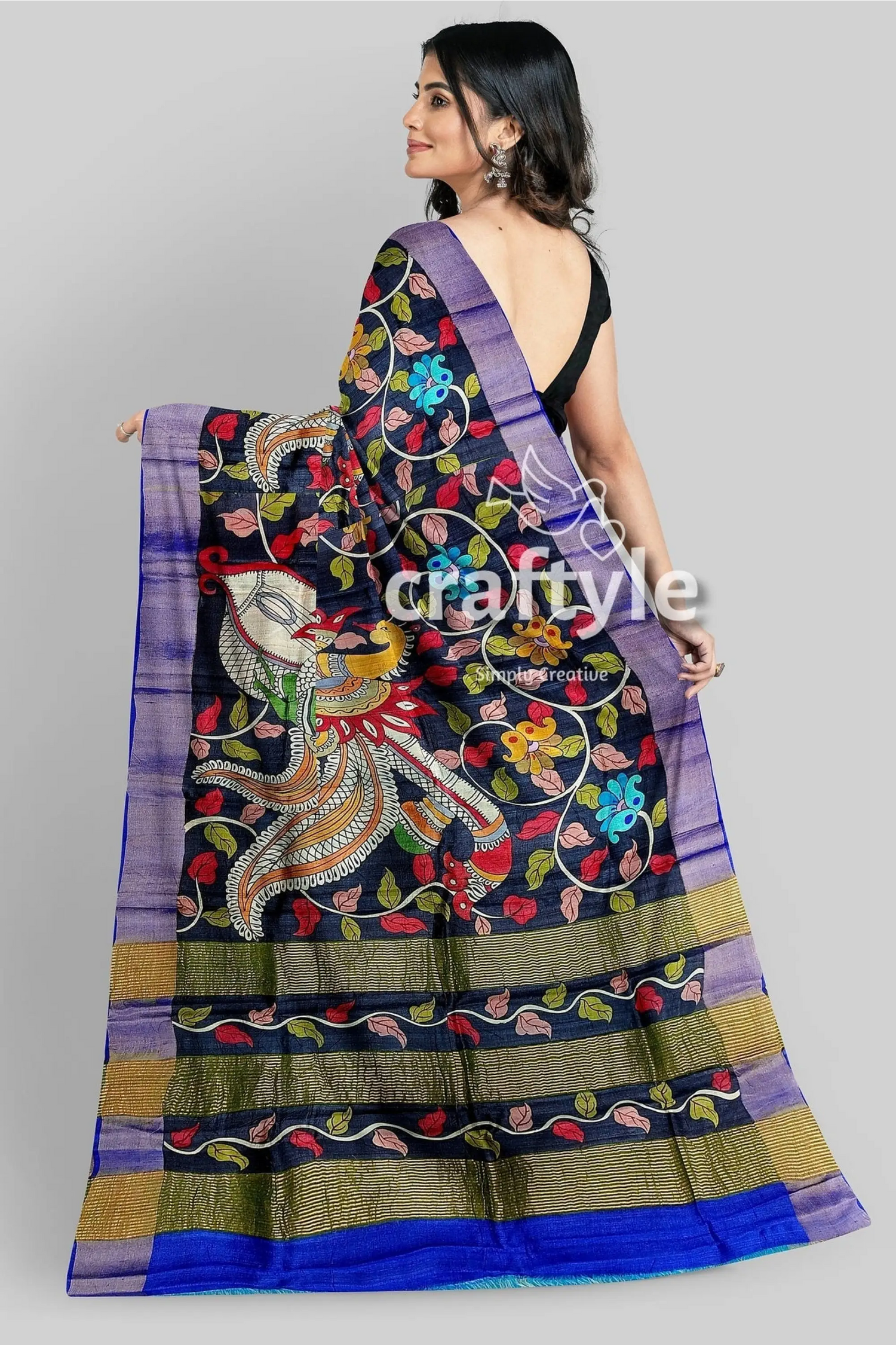 Ink black tussar kalamkari saree - hand painted zari border pure fabric woman dark patterned saree blue 5