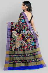Ink black tussar kalamkari saree - hand painted zari border pure fabric woman dark patterned saree blue 5