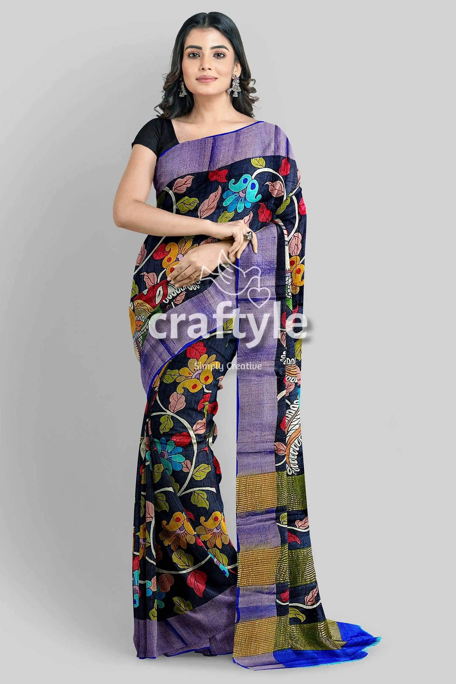 Ink black tussar kalamkari saree - hand painted zari border pure fabric floral-patterned saree blue border 2