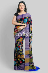 Ink black tussar kalamkari saree - hand painted zari border pure fabric floral-patterned saree blue border 2