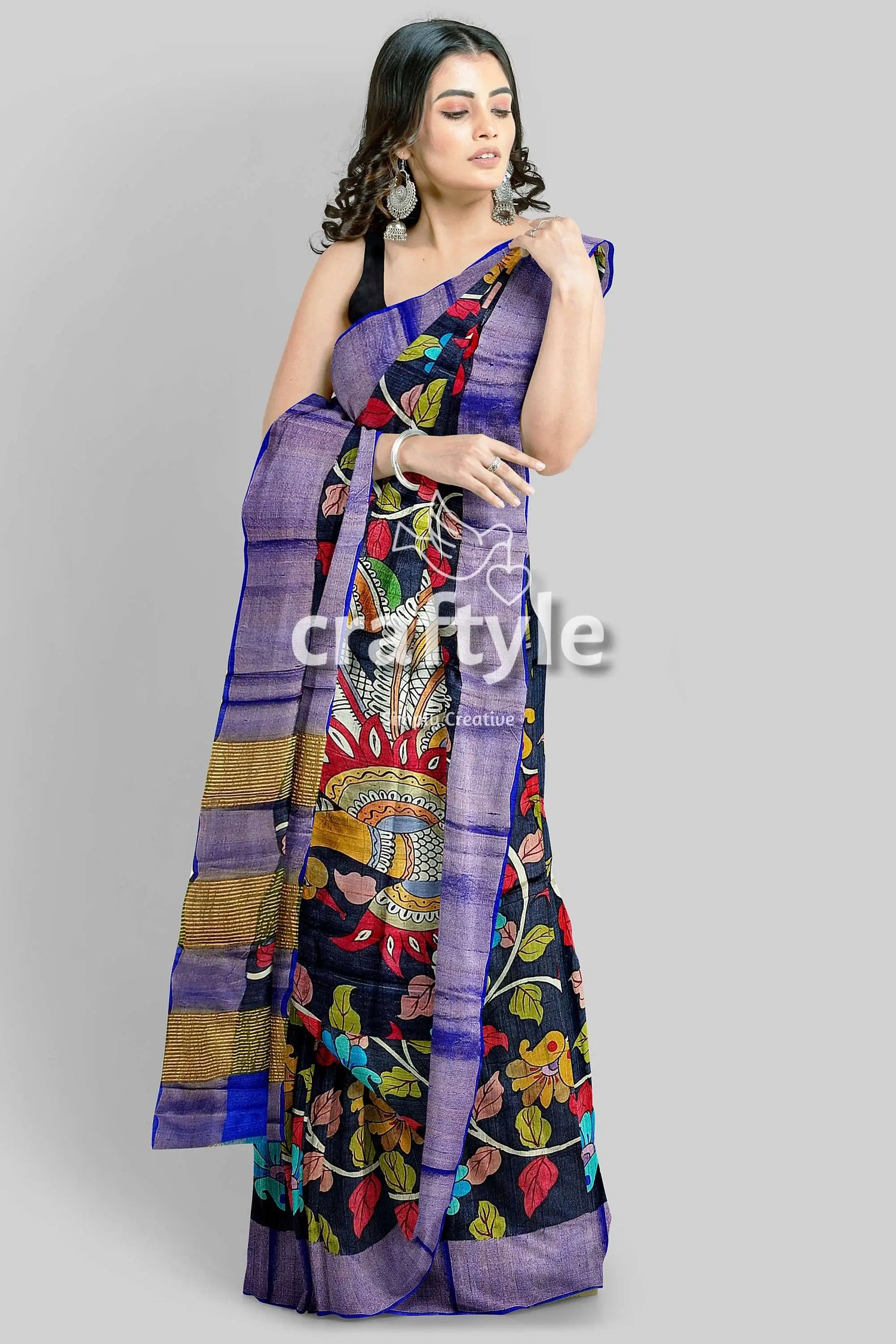 Ink black tussar kalamkari saree - hand painted zari border pure fabric woman black floral saree blue 3