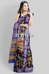 Ink black tussar kalamkari saree - hand painted zari border pure fabric woman black floral saree blue 3