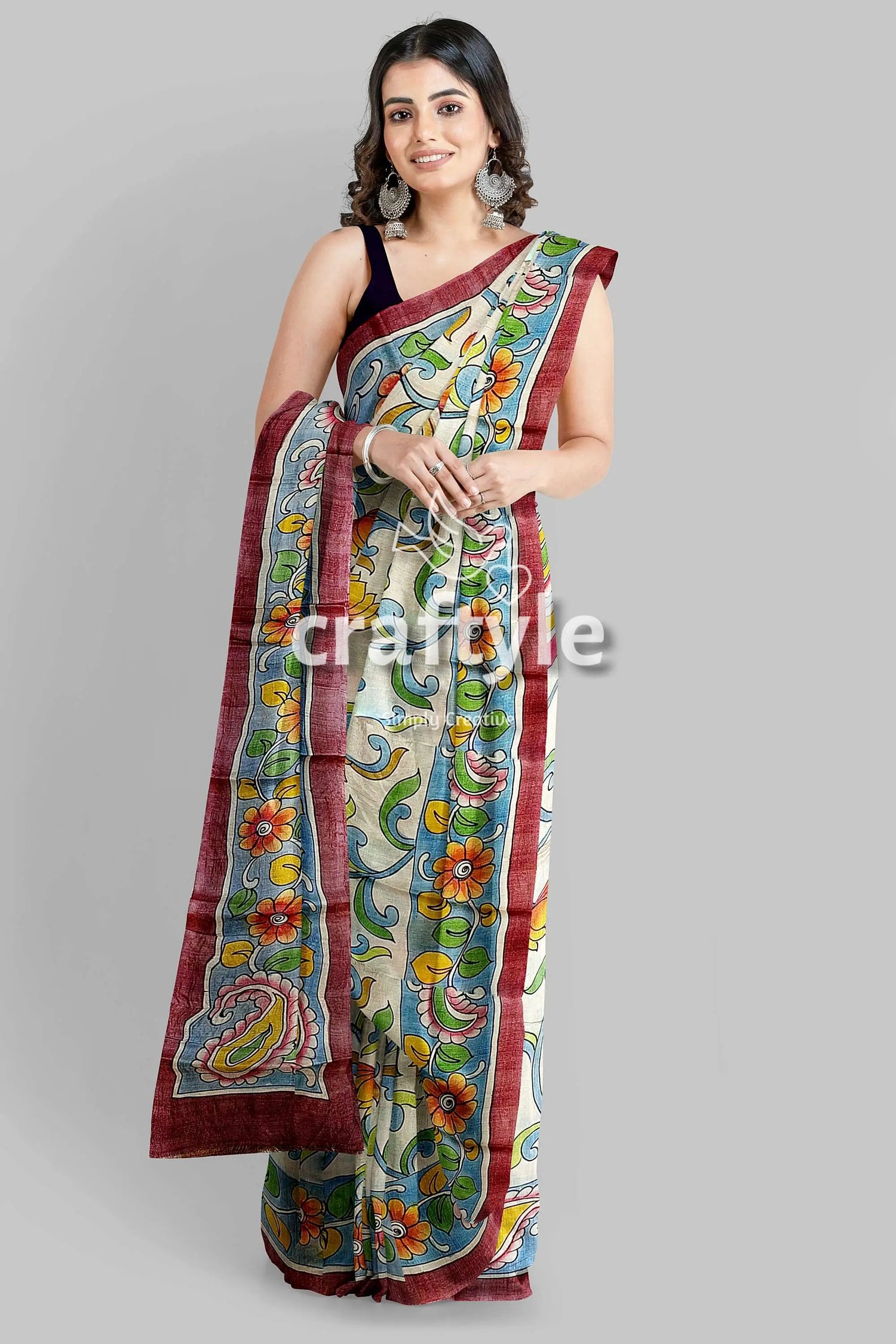 Instrumental design hand painted pure tussar kalamkari sari woman floral-patterned saree 2