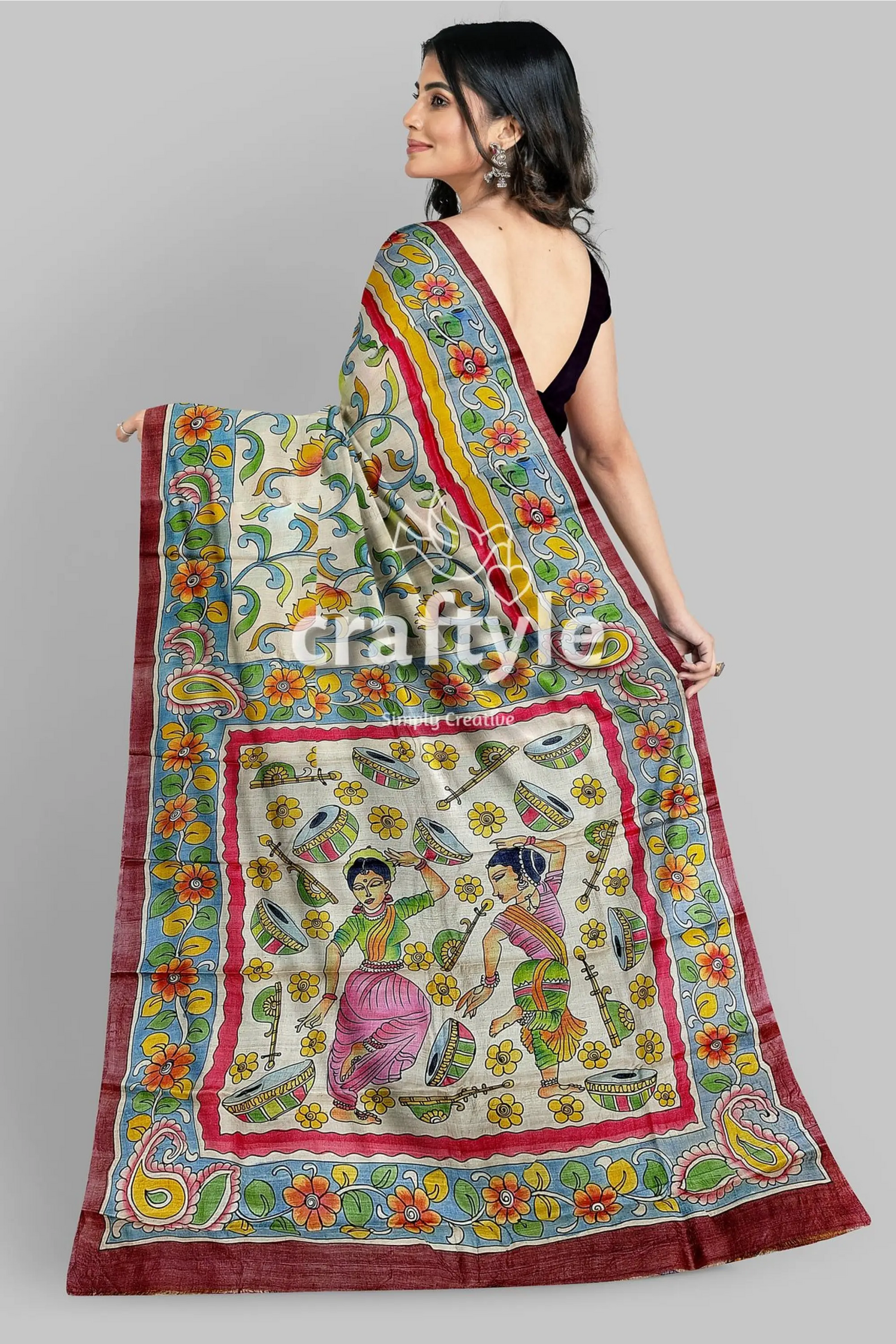 Instrumental design hand painted pure tussar kalamkari sari painted saree floral musical instrument 6