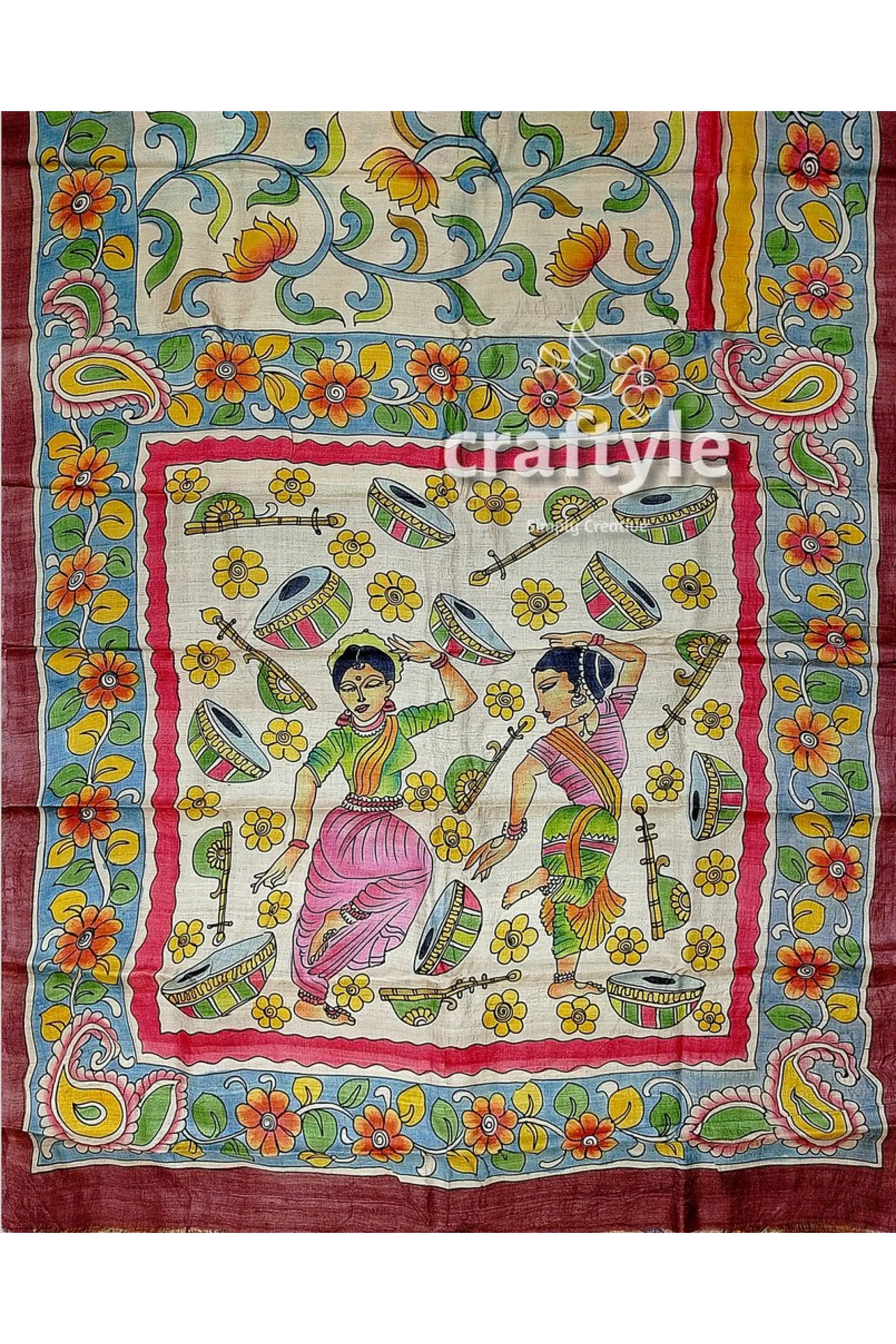 Instrumental design hand painted pure tussar kalamkari sari hand-painted silk saree dancers musical 7