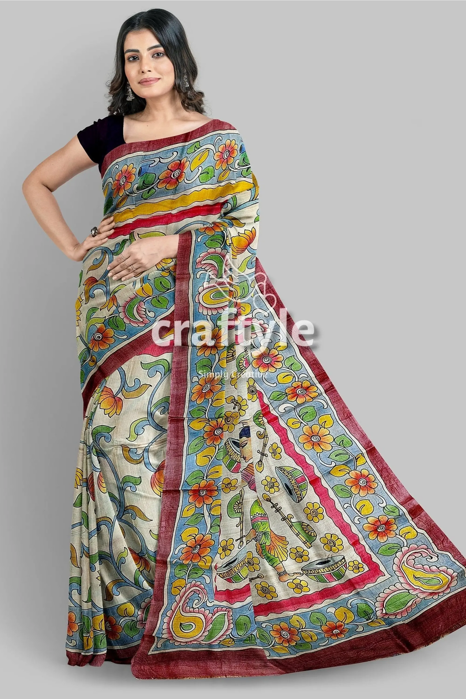 Instrumental design hand painted pure tussar kalamkari sari woman floral-patterned saree 5