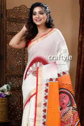 Intricate goddess motif hand painted kerala cotton saree white saree colorful painted border 2