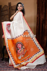 Intricate goddess motif hand painted kerala cotton saree white saree orange painted design 4